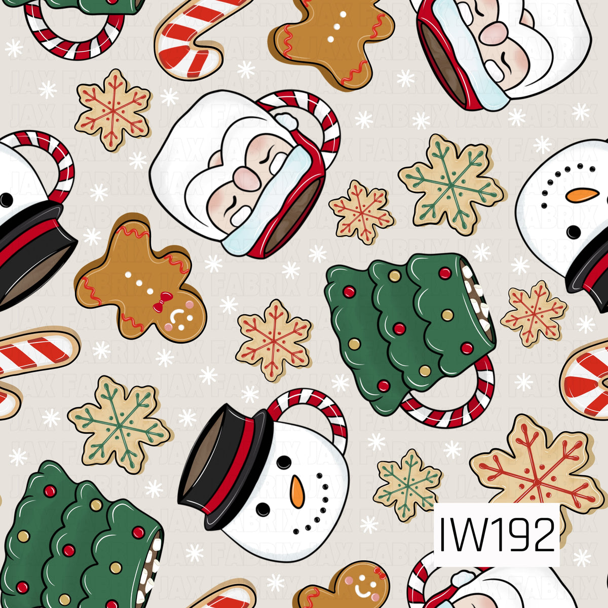 A playful Christmas pattern featuring adorable Santa mugs, snowman mugs with black top hats, and festive green Christmas tree mugs with candy cane striped handles. Scattered throughout are gingerbread cookies, red and white candy canes, and snowflake-shaped sugar cookies decorated with red and green icing. Tiny white snowflakes fill the spaces against a soft warm gray background, creating a whimsical holiday design.