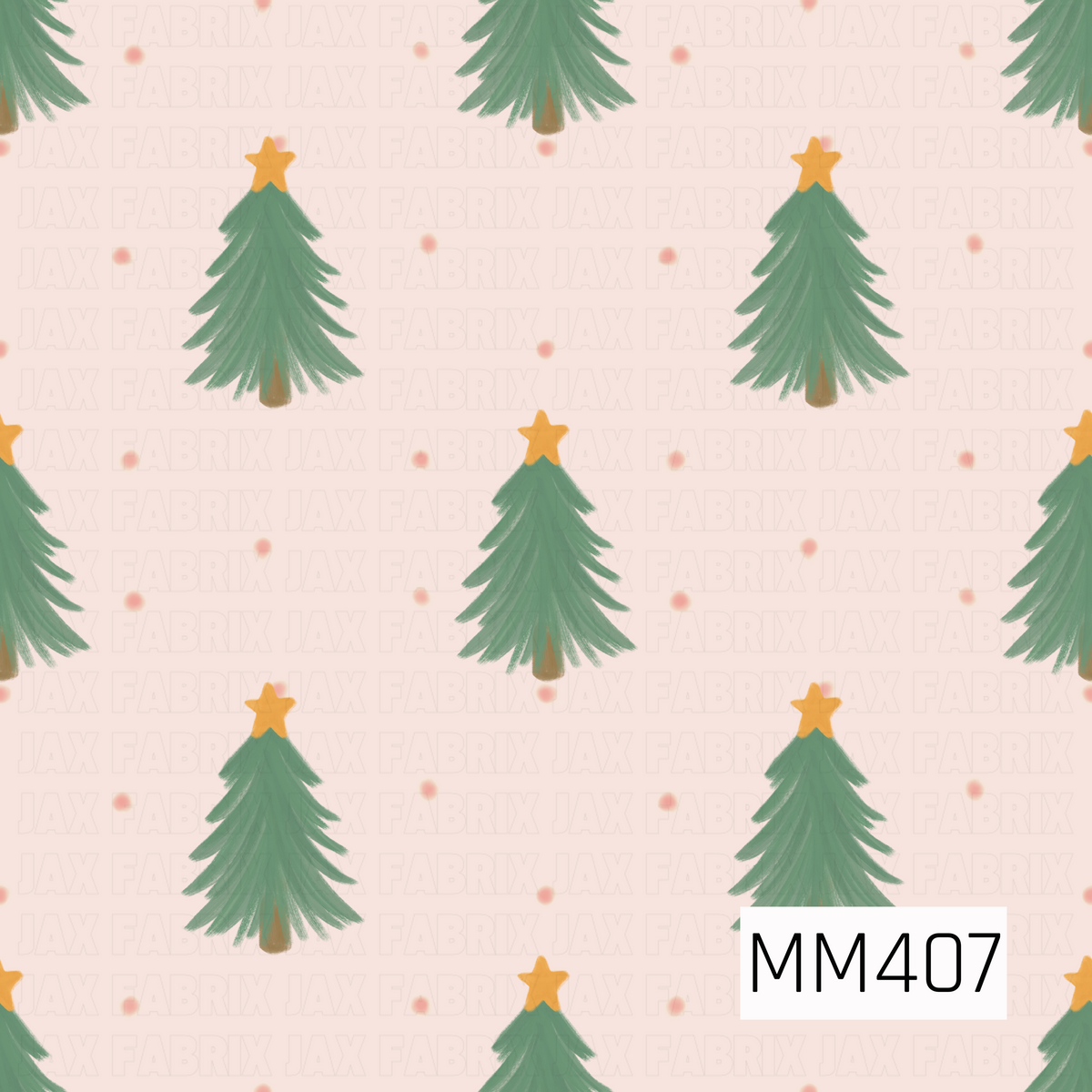 A soft Christmas pattern featuring hand-painted mint green evergreen trees topped with golden stars. Tiny blush pink dots are scattered across a pale pink background, giving the design a sweet, whimsical holiday feel.