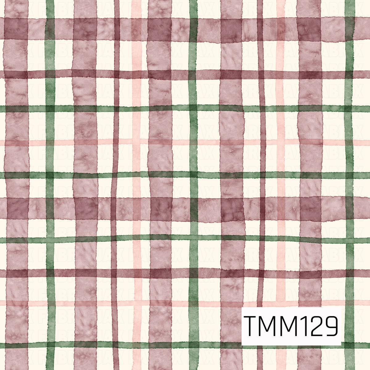 A soft watercolor plaid featuring layered stripes in dusty mauve, blush pink, and deep forest green on a warm ivory background. The hand-painted texture and slightly uneven lines give the pattern a cozy, classic feel with a subtle holiday-inspired color palette.