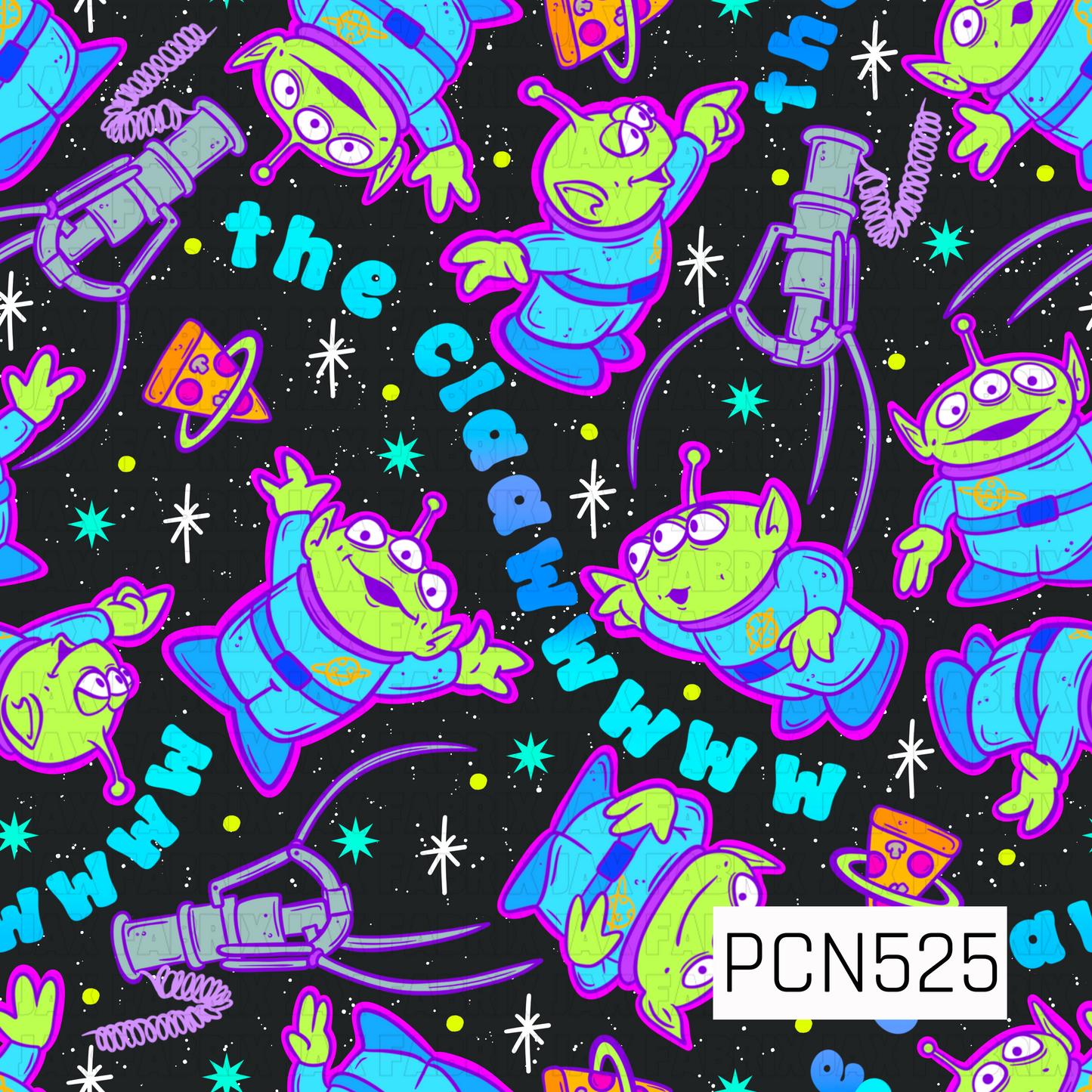 A playful space-themed pattern featuring bright green three-eyed aliens in blue spacesuits floating across a black star-filled galaxy background. The design includes colorful claw machines, planets, stars, and space icons in vibrant shades of neon blue, purple, lime green, yellow, and pink. Fun scattered lettering and cosmic elements create a bold, retro arcade-inspired look with a whimsical outer space vibe.