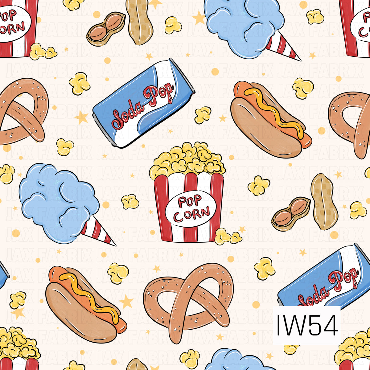 A playful carnival-inspired pattern featuring classic concession stand treats including buttery popcorn in red and white striped boxes, hot dogs topped with mustard, salted pretzels, peanuts, fluffy blue cotton candy, and retro soda cans. Scattered popcorn pieces, golden yellow stars, and tiny dots decorate the soft cream background, creating a fun, nostalgic design with a whimsical hand-drawn feel.