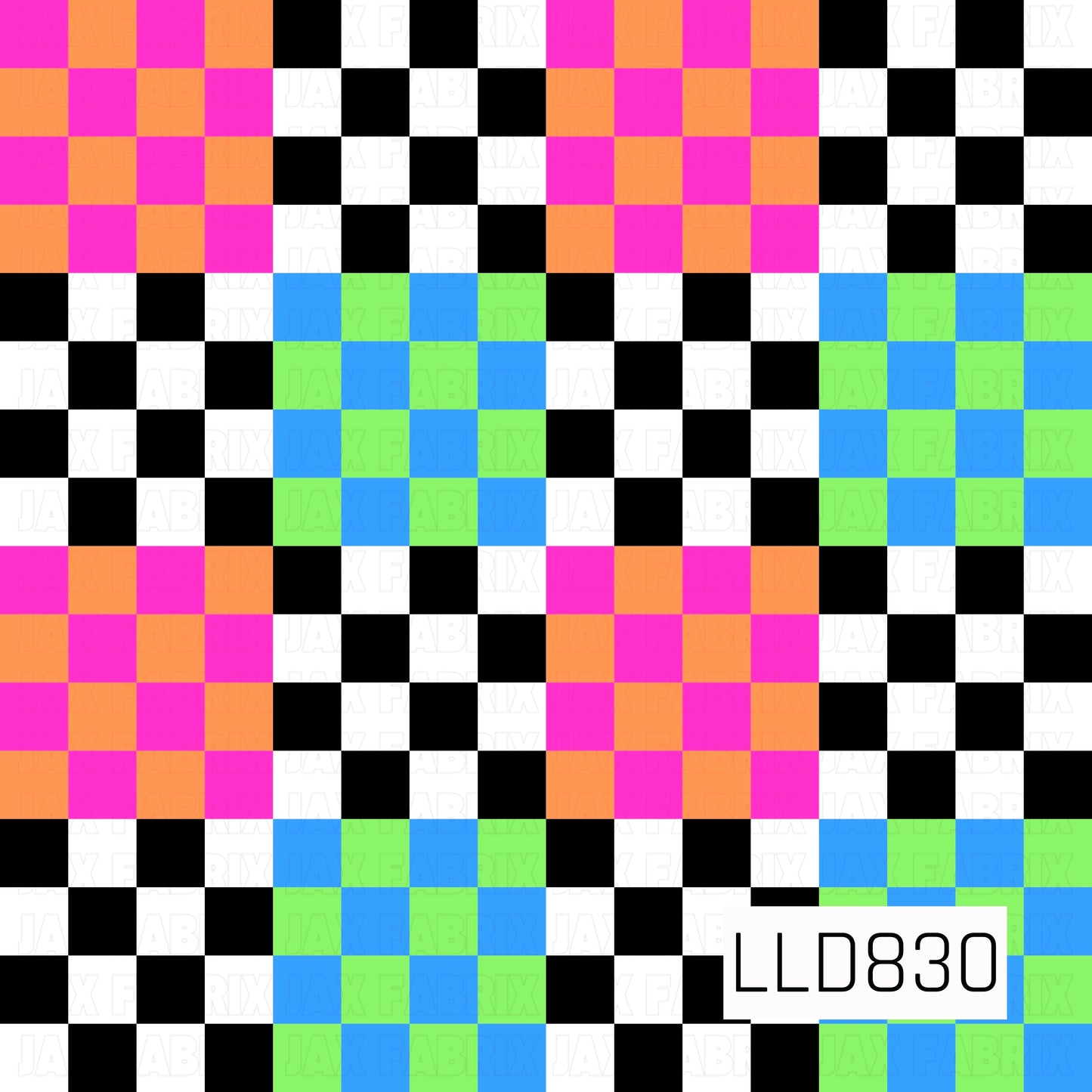 A bold seamless checkerboard pattern featuring black and white checks accented with vibrant hot pink, orange, blue, and lime green blocks. The bright neon color palette creates a fun, retro-inspired design with a playful geometric look.