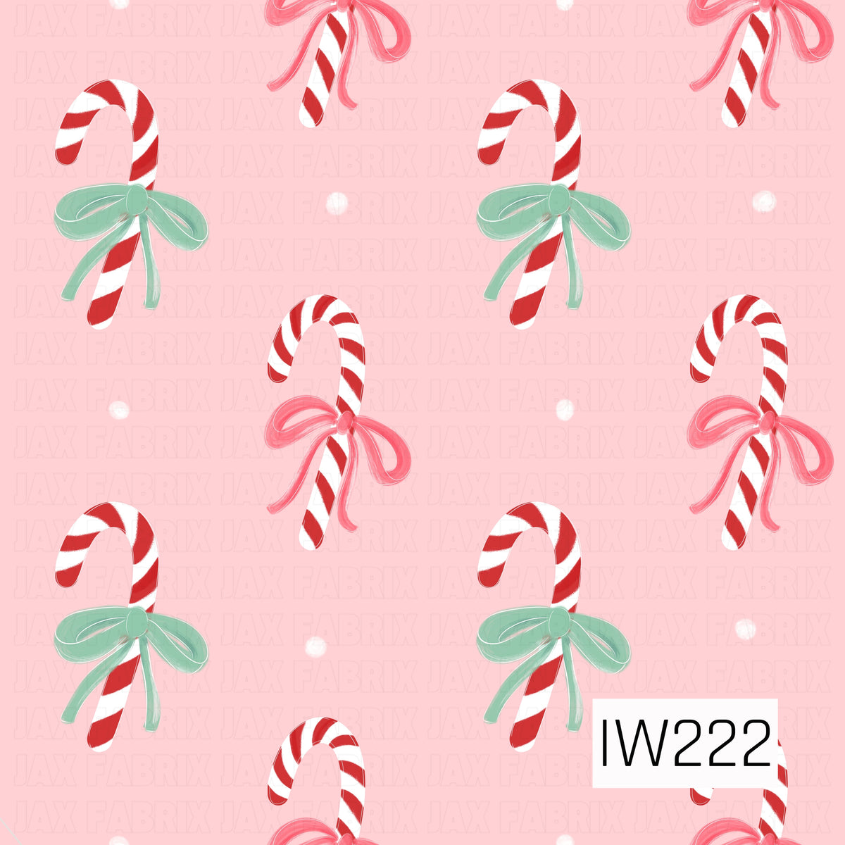 A sweet Christmas pattern featuring red and white striped candy canes adorned with soft mint green and pink ribbon bows, scattered across a light pink background with delicate white polka dots.