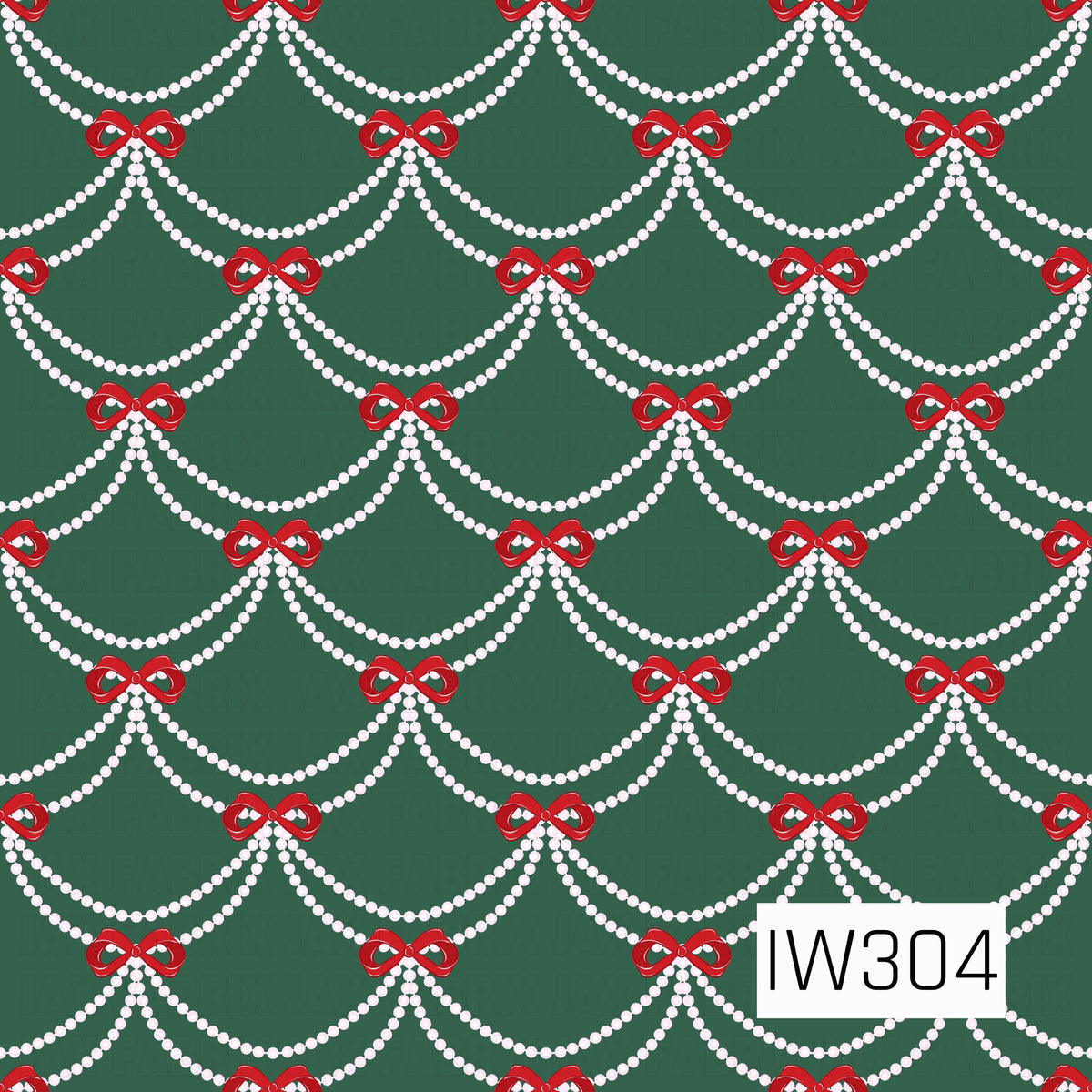 A charming Christmas pattern featuring delicate strands of white pearls draped in scalloped garlands, accented with bright red bows against a deep forest green background. The repeating design has an elegant, vintage-inspired holiday feel.