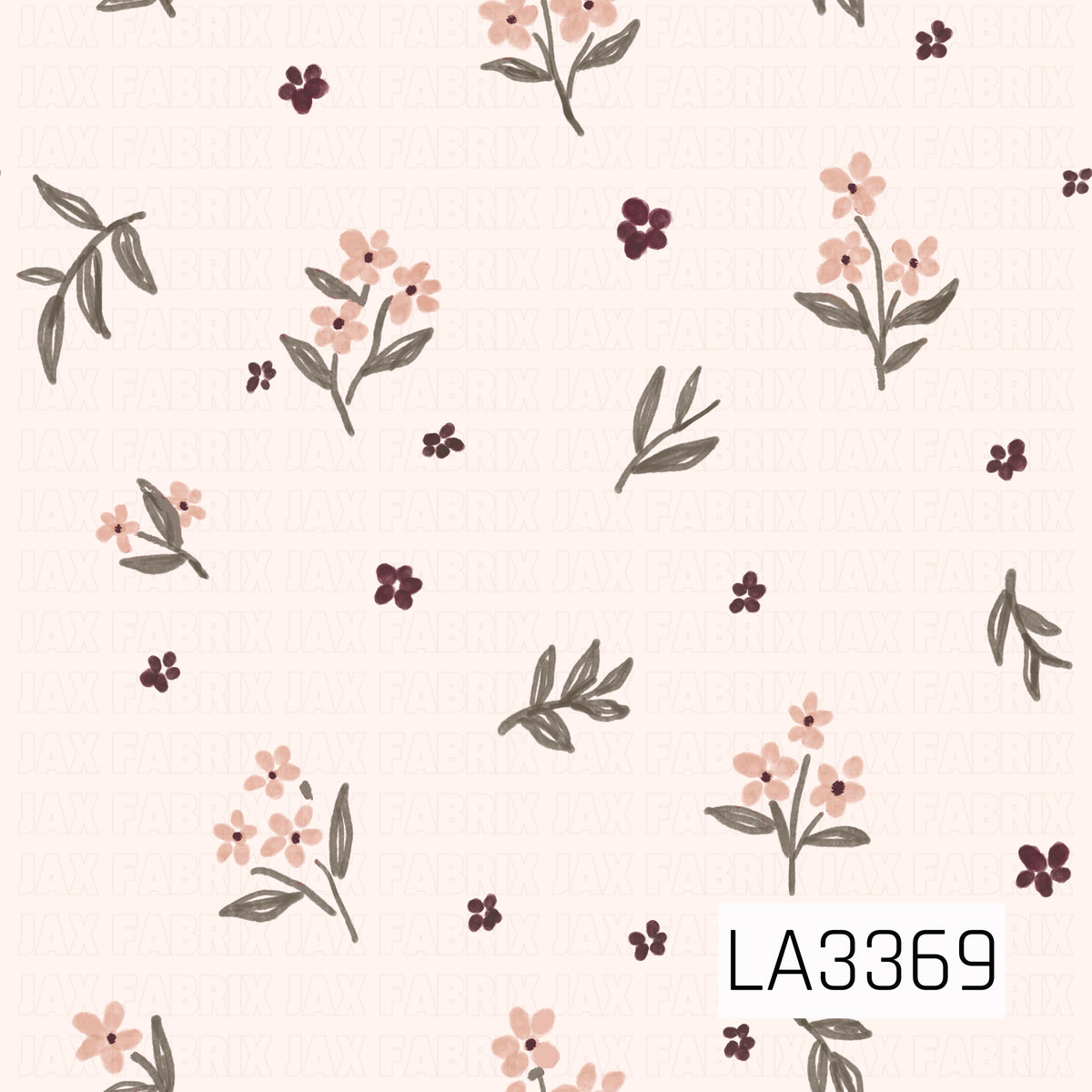 A delicate cottage-inspired floral pattern featuring scattered bouquets of soft peach blossoms, muted sage green leaves, and tiny deep plum flowers on a warm ivory background. The hand-painted brushstroke details give this design a sweet, vintage feel.