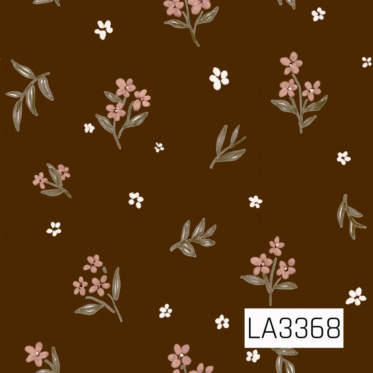 A sweet cottage-inspired floral pattern featuring scattered bouquets of dusty pink blossoms, delicate sage green leaves, and tiny ivory flowers against a rich chocolate brown background. Soft hand-painted details give this design a warm, vintage feel.