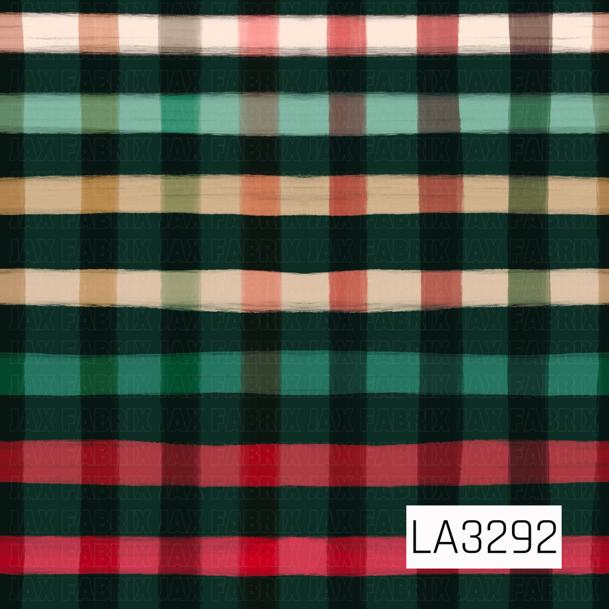 A rustic plaid featuring a deep forest green base with softly brushed stripes in cream, red, sage, teal and warm tan. The painterly texture and slightly uneven lines give it a cozy, hand-painted look.