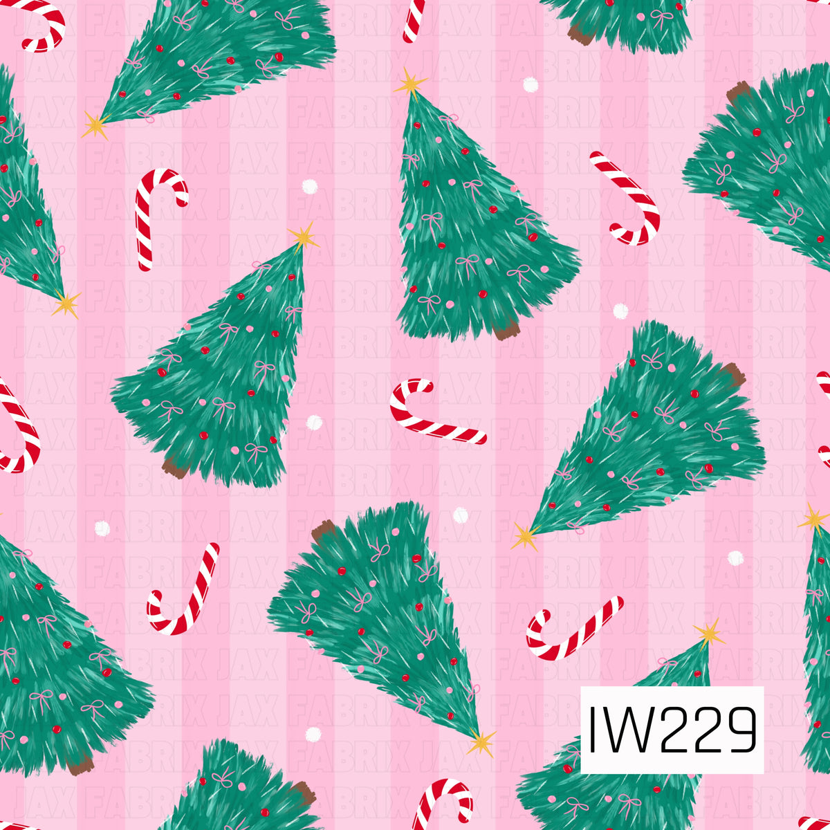 A playful Christmas seamless pattern featuring fluffy evergreen trees decorated with tiny pink bows, red and pink ornaments, and golden star toppers. Red and white striped candy canes and scattered white snowflakes complete the design against a soft pink gingham background.