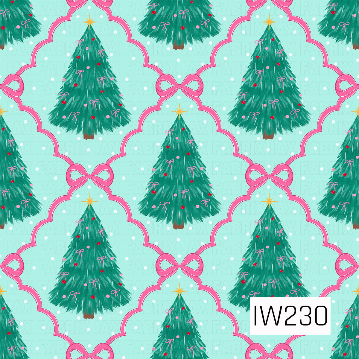 A whimsical Christmas seamless pattern featuring lush evergreen trees decorated with tiny pink bows, red and pink ornaments, and golden star toppers. Each tree is framed by a scalloped pink ribbon trellis with dainty bows, set against a soft mint background sprinkled with white snow-like dots.