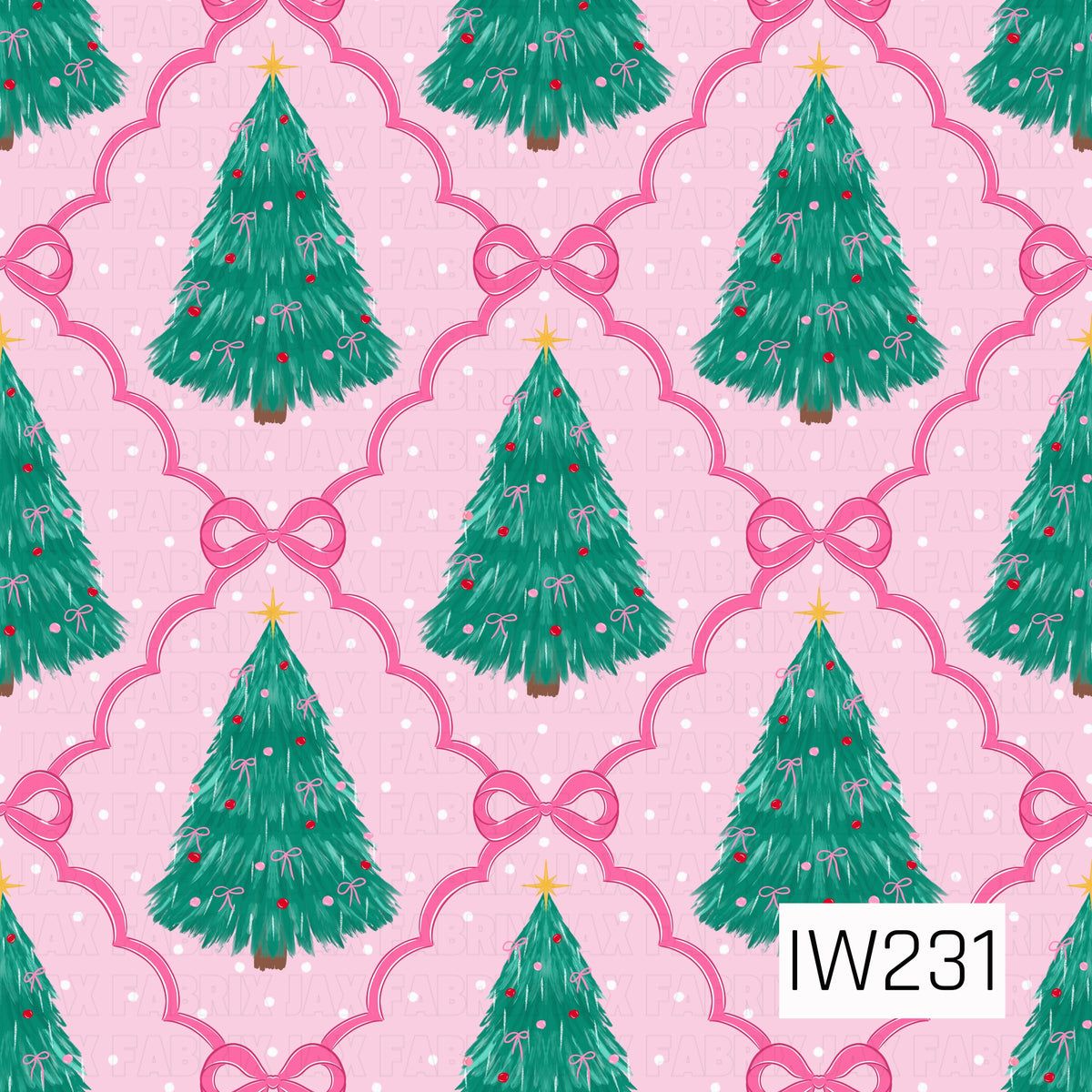 A whimsical Christmas seamless pattern featuring lush evergreen trees decorated with tiny pink bows, red and pink ornaments, and golden star toppers. Each tree is framed by a scalloped pink ribbon trellis accented with dainty bows, set against a soft blush pink background sprinkled with delicate white snow-like dots.