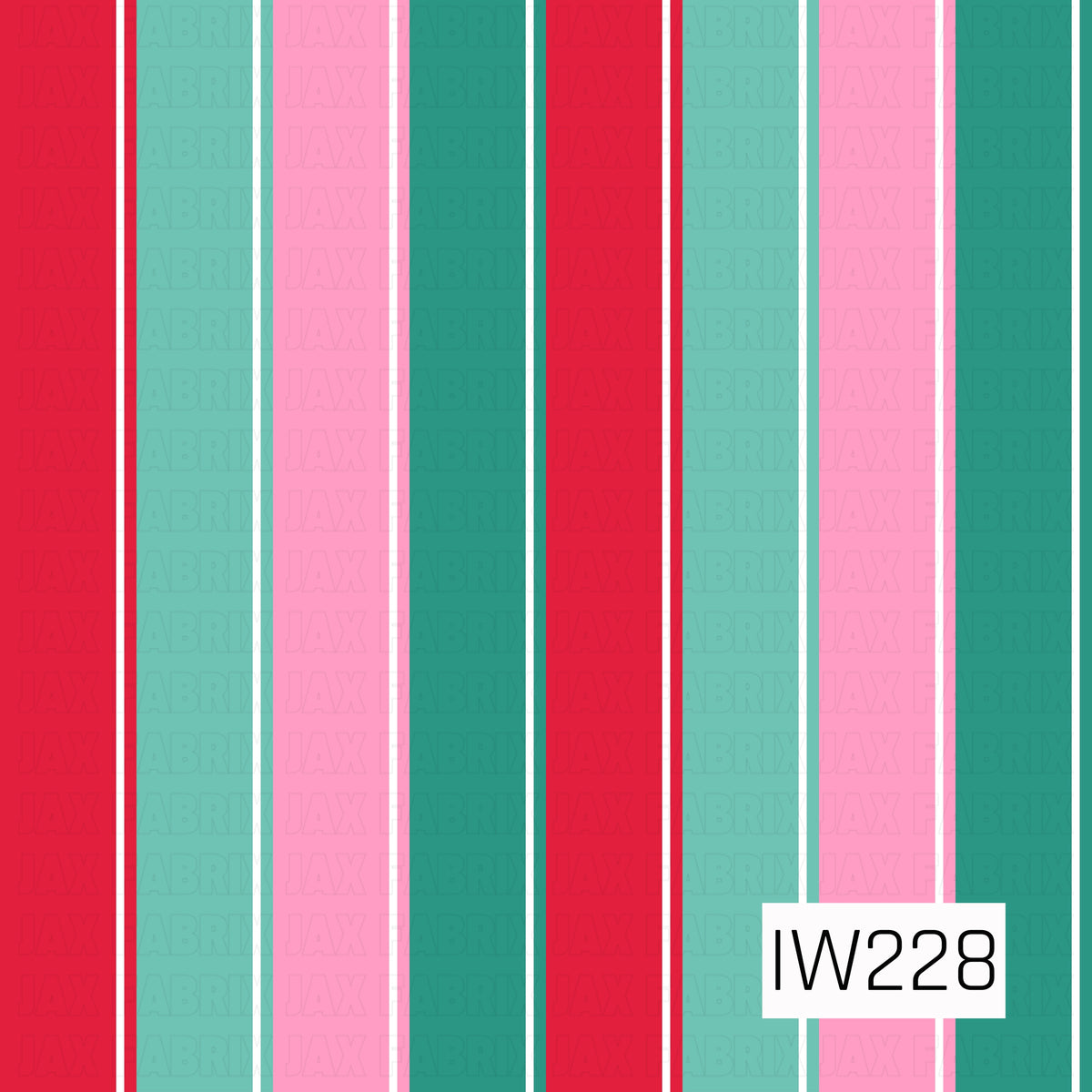 A bold, festive seamless stripe pattern featuring wide vertical bands of bright red, bubblegum pink, mint green, and deep teal, accented with thin white stripes. The playful color combination gives this classic cabana stripe a fun, retro Christmas feel.