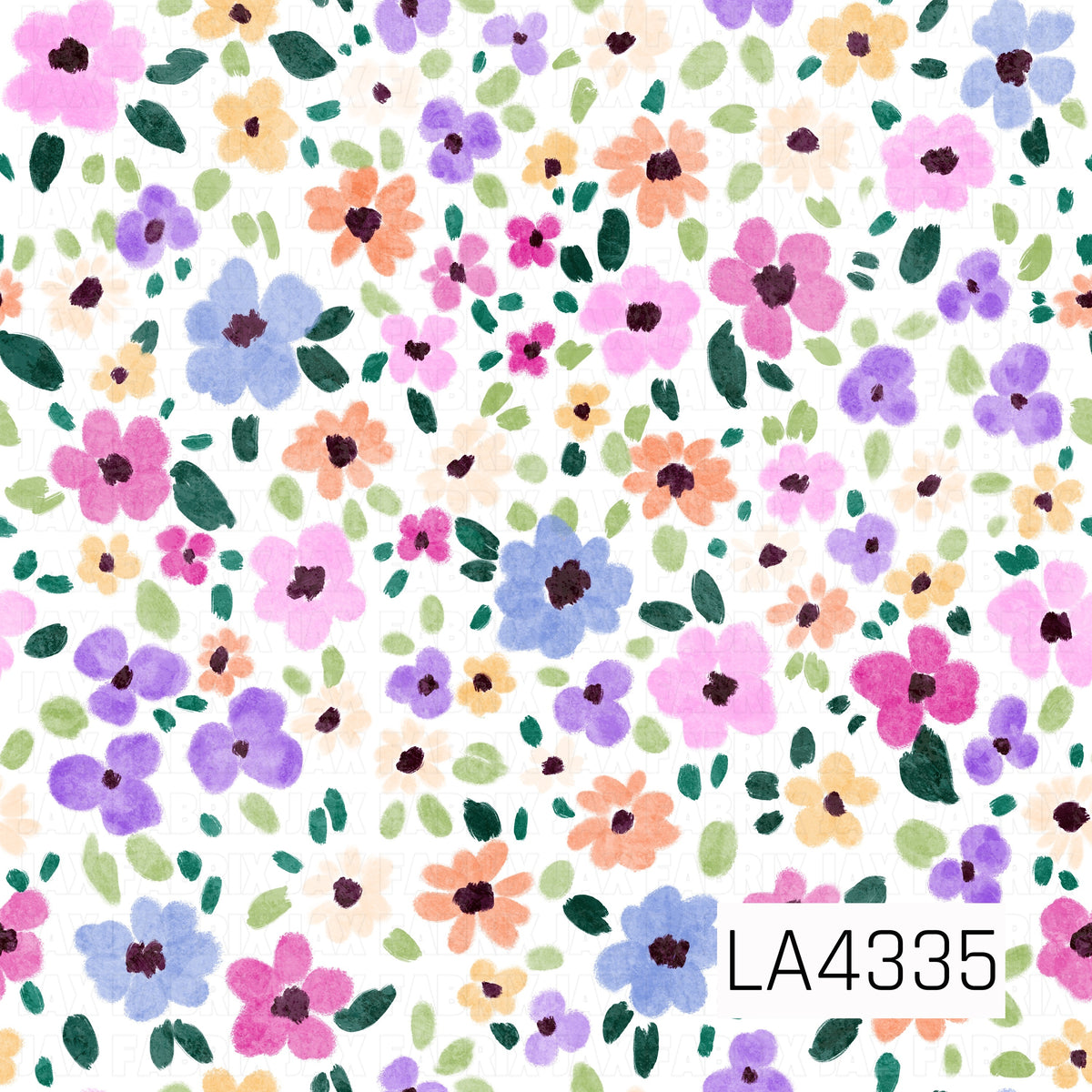 A playful watercolor floral pattern featuring scattered hand-painted flowers in shades of pink, lavender, purple, periwinkle blue, peach, and soft yellow. Each flower has a deep plum center, surrounded by loosely painted leaves in sage and dark forest green. The bright white background gives this cheerful, whimsical design a fresh, airy feel.