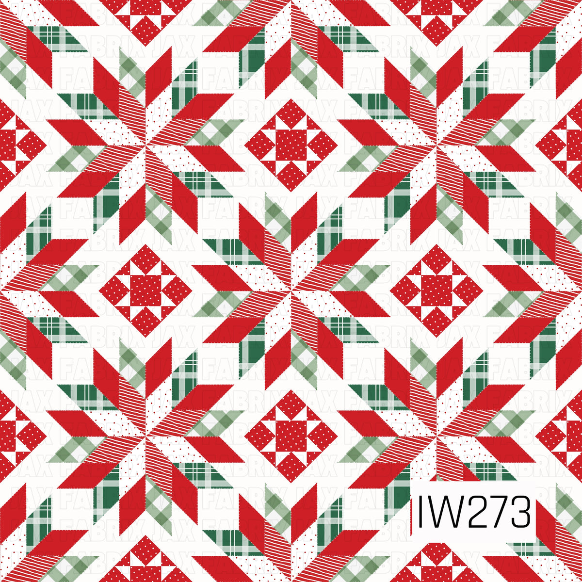 A festive quilt-inspired pattern featuring large geometric starbursts and diamond-shaped patchwork designs in Christmas red, forest green, and soft sage green. A mix of classic plaids, delicate polka dots, and fine stripes creates a charming patchwork look against a warm cream background.