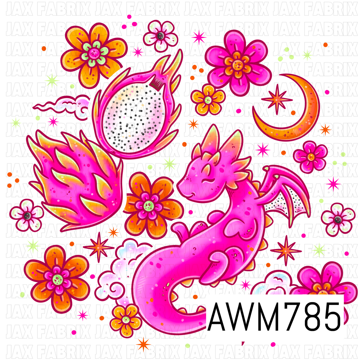 A whimsical PNG featuring an adorable pink dragon, vibrant dragon fruit, colorful flowers, fluffy clouds, a crescent moon, and sparkling stars in bright pink, orange, and yellow tones. This magical artwork is perfect for children’s apparel, bows, bags, stickers, tumblers, nursery décor, and other fantasy-inspired sewing and crafting projects.