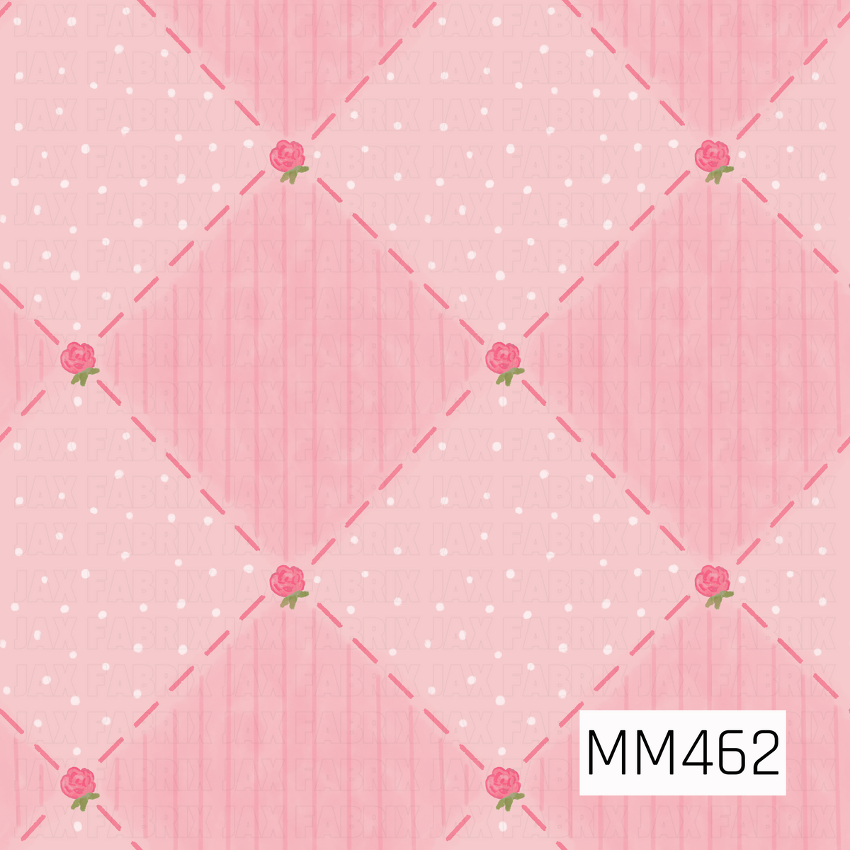 A soft pink geometric pattern featuring delicate diamond shapes created with fine lines and dashed accents. Tiny pink roses with green leaves sit at the intersections, while scattered white dots add a dainty, whimsical touch throughout.