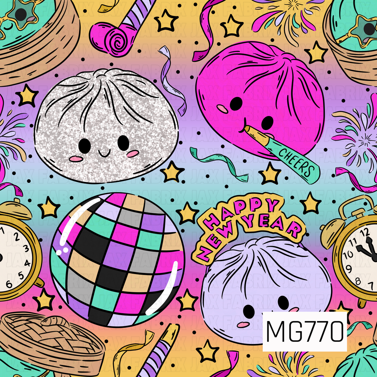 A bright and playful New Year's pattern featuring adorable smiling dumplings in hot pink, glittery silver, and soft lavender. Festive details include colorful disco balls, golden clocks, party blowers, Happy New Year headbands, fireworks, curling streamers, and scattered stars. A vibrant rainbow gradient background blends shades of golden yellow, pink, purple, and turquoise, creating a fun and cheerful celebration design.
