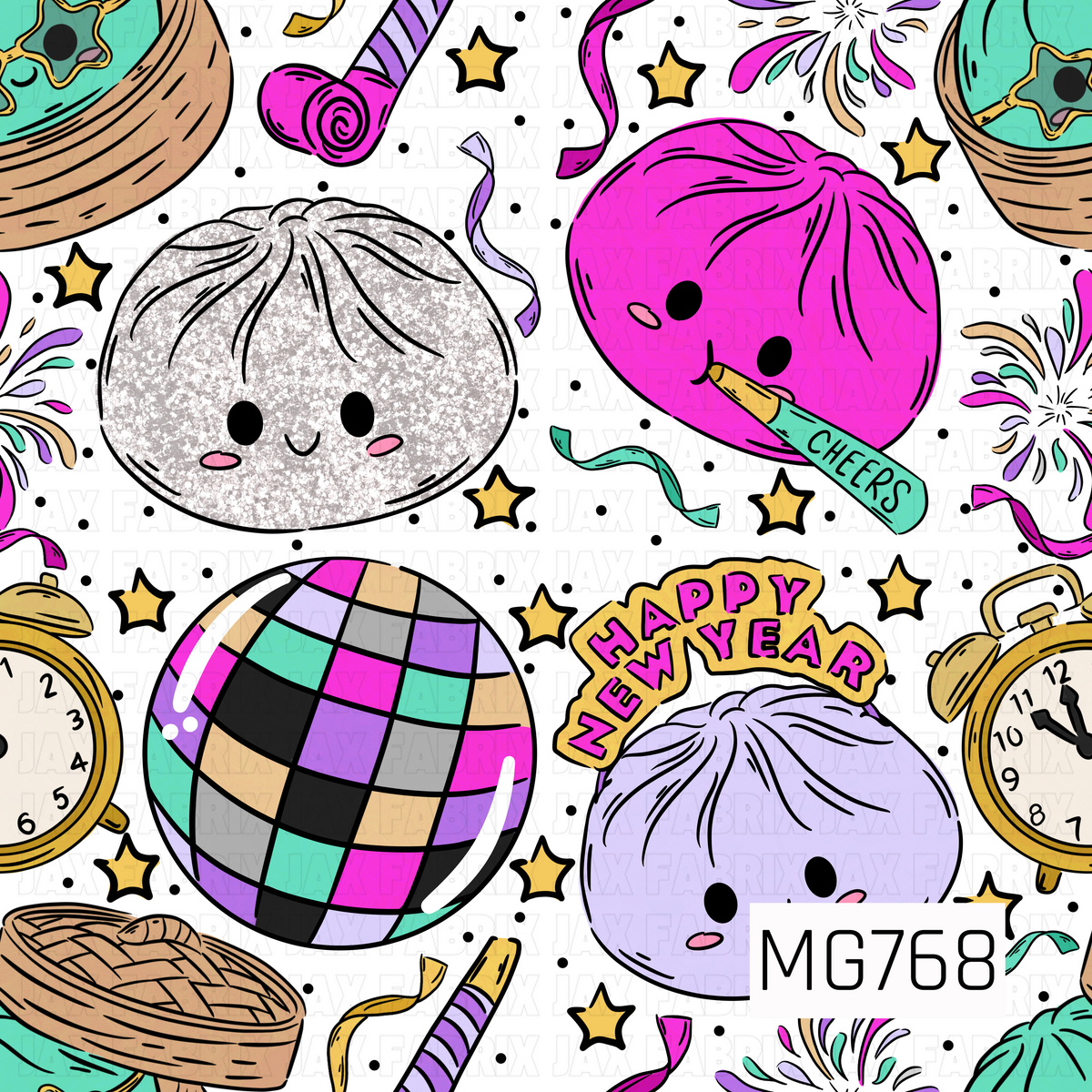 A fun and colorful New Year's celebration pattern featuring adorable smiling dumpling characters in shades of hot pink, lavender, and glittery silver. Festive details include multicolored disco balls, golden clocks striking midnight, Happy New Year headbands, party blowers, fireworks, curling streamers, and scattered gold stars. Bright pops of turquoise, purple, pink, and gold stand out against a crisp white background, creating a playful and whimsical holiday design.