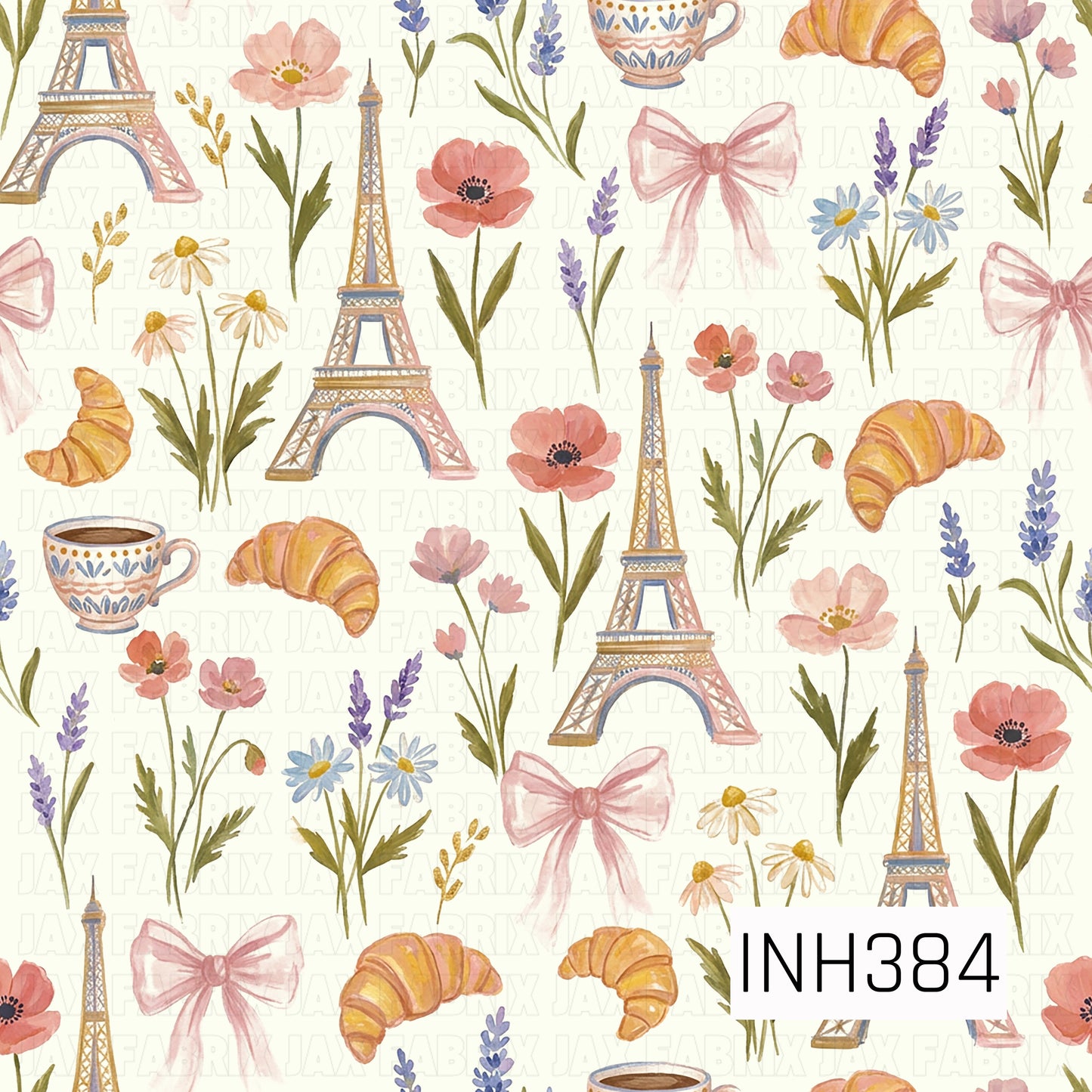 A charming seamless pattern featuring watercolor Eiffel Towers, buttery croissants, delicate teacups, soft pink bows, and blooming wildflowers scattered across a warm cream background. Blush poppies, lavender sprigs, daisies, and French-inspired details create a sweet, romantic design with an elegant Parisian cottagecore feel.