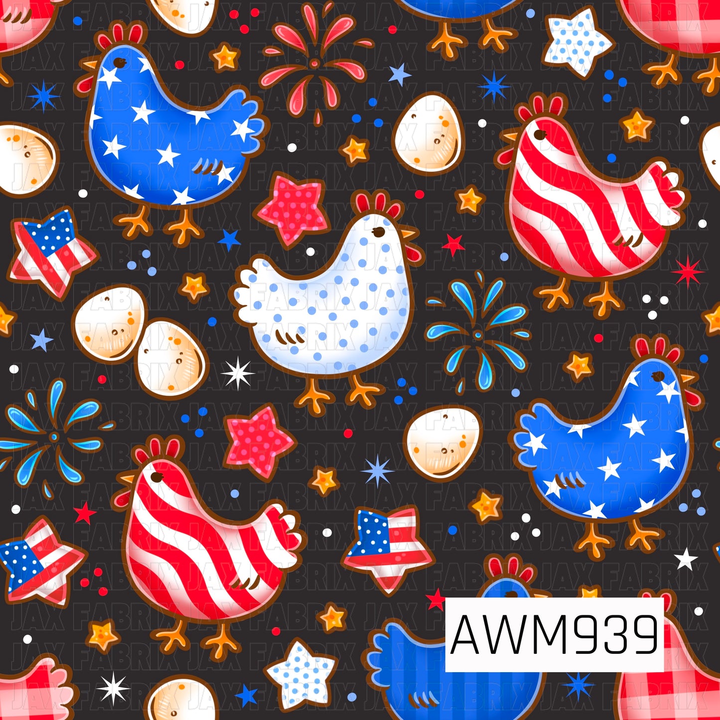 A patriotic fabric design featuring charming chickens decorated with stars, stripes, and polka dots in vibrant red, white, and blue against a bold black background. Scattered eggs, star shapes, fireworks, and festive Americana accents create a playful all-over print perfect for quilting cotton, faux leather, bows, apparel, accessories, and other sewing projects.