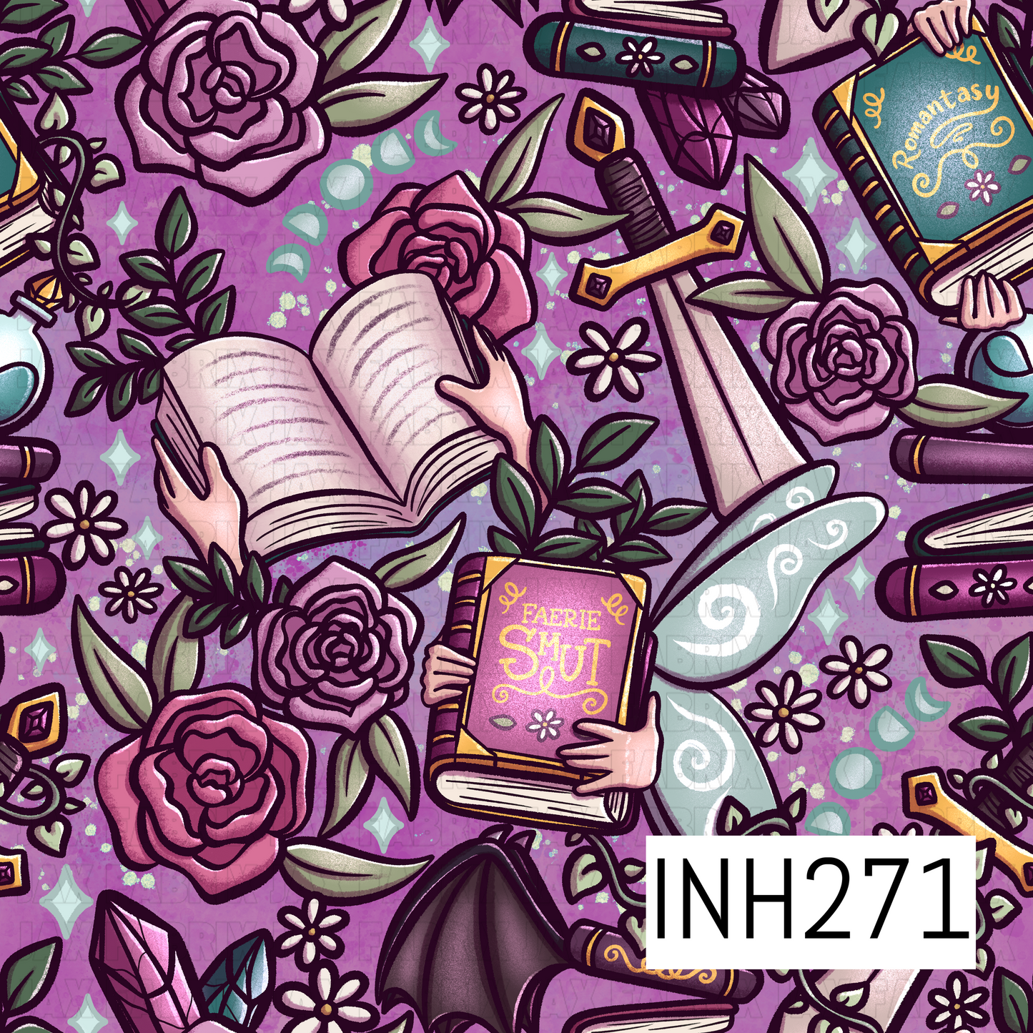 Colorful pattern with smut books, flowers, and fantasy elements on a purple background.