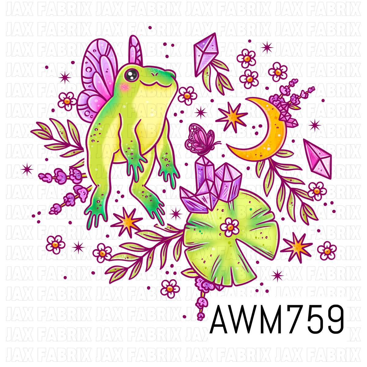 A whimsical PNG featuring an adorable fairy frog with butterfly wings surrounded by sparkling crystals, lily pads, crescent moons, butterflies, delicate flowers, and leafy vines in vibrant shades of lime green, lavender, pink, and golden yellow. Perfect for custom apparel, bags, stickers, tumblers, journals, stationery, nursery décor, and other fairycore-inspired handmade creations.