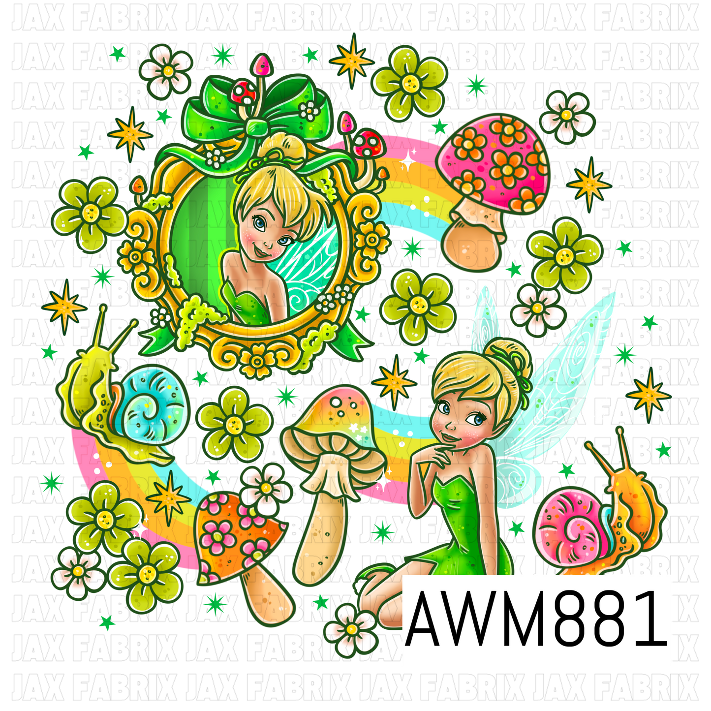 Enchanting fairy-themed PNG clipart bundle featuring a blonde fairy in a sparkling green dress, framed portrait artwork, pastel rainbow accents, whimsical mushrooms, colorful snails, blooming flowers, and twinkling stars. Designed on a transparent background, this magical collection combines vibrant greens, pinks, yellows, and soft pastel details, making it perfect for fantasy-inspired projects, woodland themes, and coordinating custom creations.