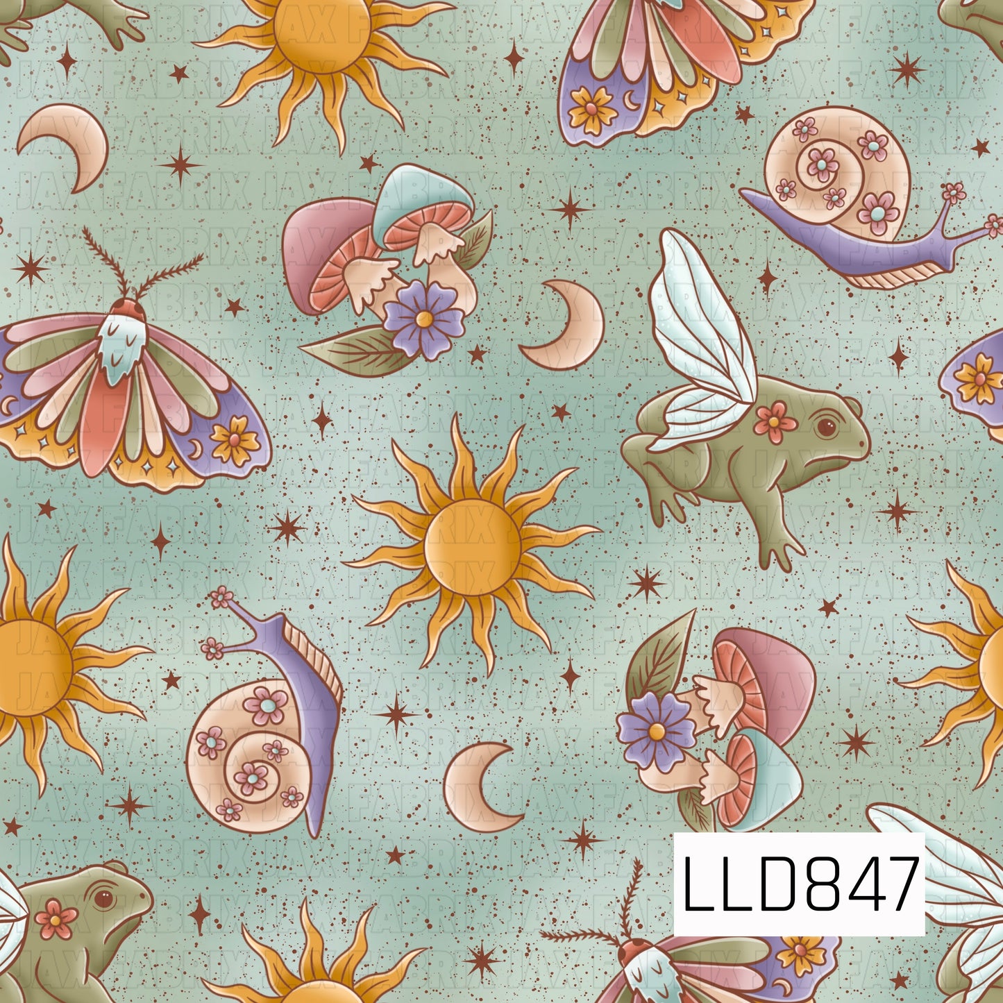 A whimsical seamless pattern featuring golden suns, crescent moons, pastel moths, fairy frogs with delicate wings, floral mushrooms, snails, and scattered stars on a soft sage green speckled background.