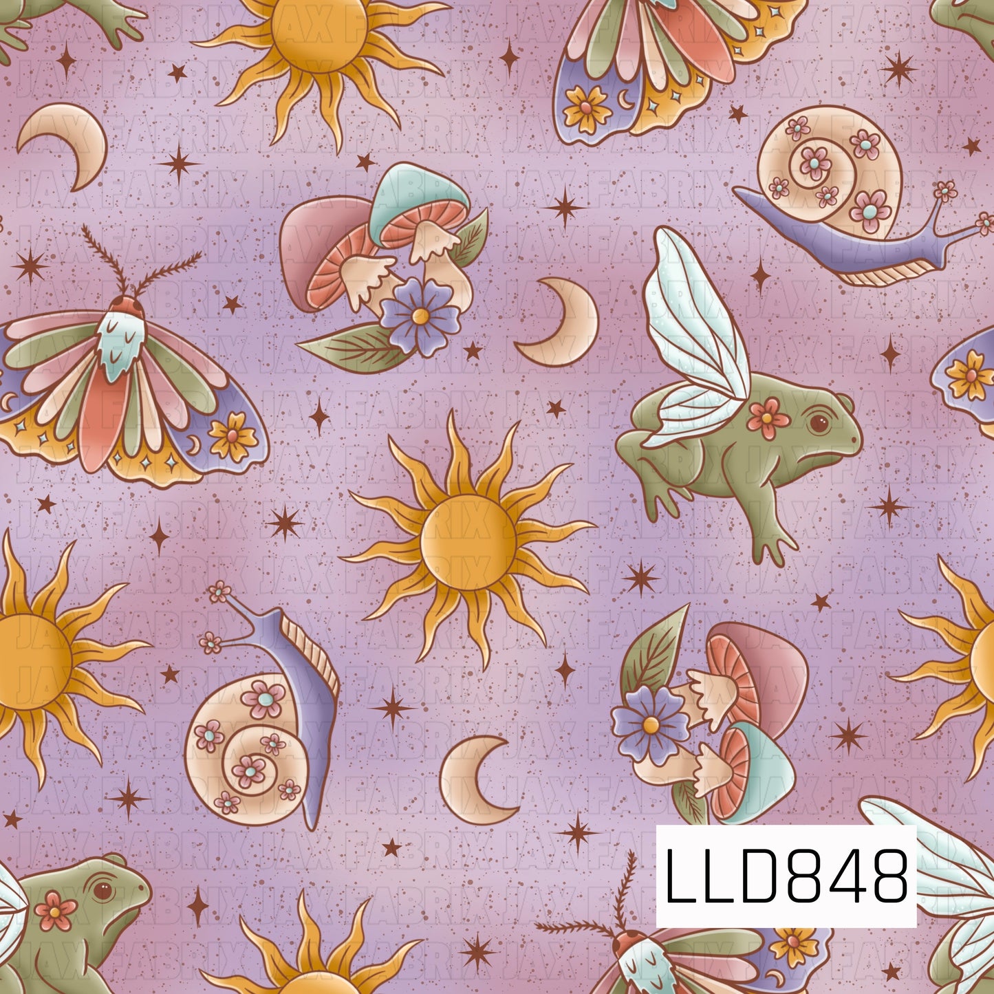 A whimsical seamless pattern featuring golden suns, crescent moons, pastel moths, fairy frogs with delicate wings, floral mushrooms, snails, and scattered stars on a soft lavender speckled background.