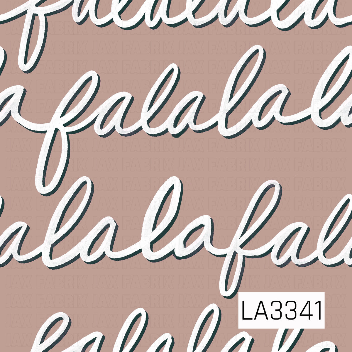 A festive “fa la la” pattern featuring oversized white script with a deep green shadow on a warm dusty taupe background.