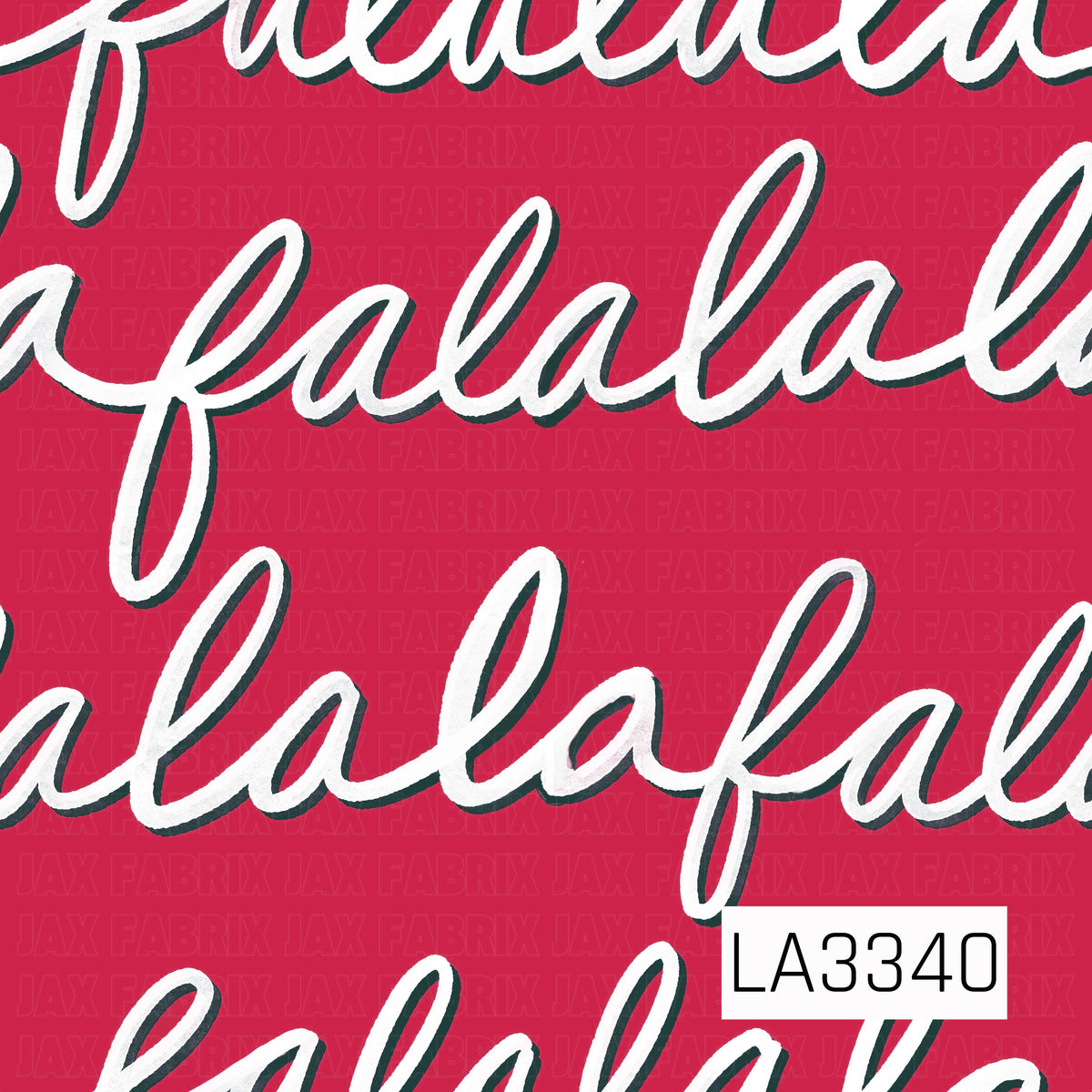 A festive holiday pattern featuring oversized “fa la la” lettering in flowing white script with a deep green shadow on a bright Christmas red background.