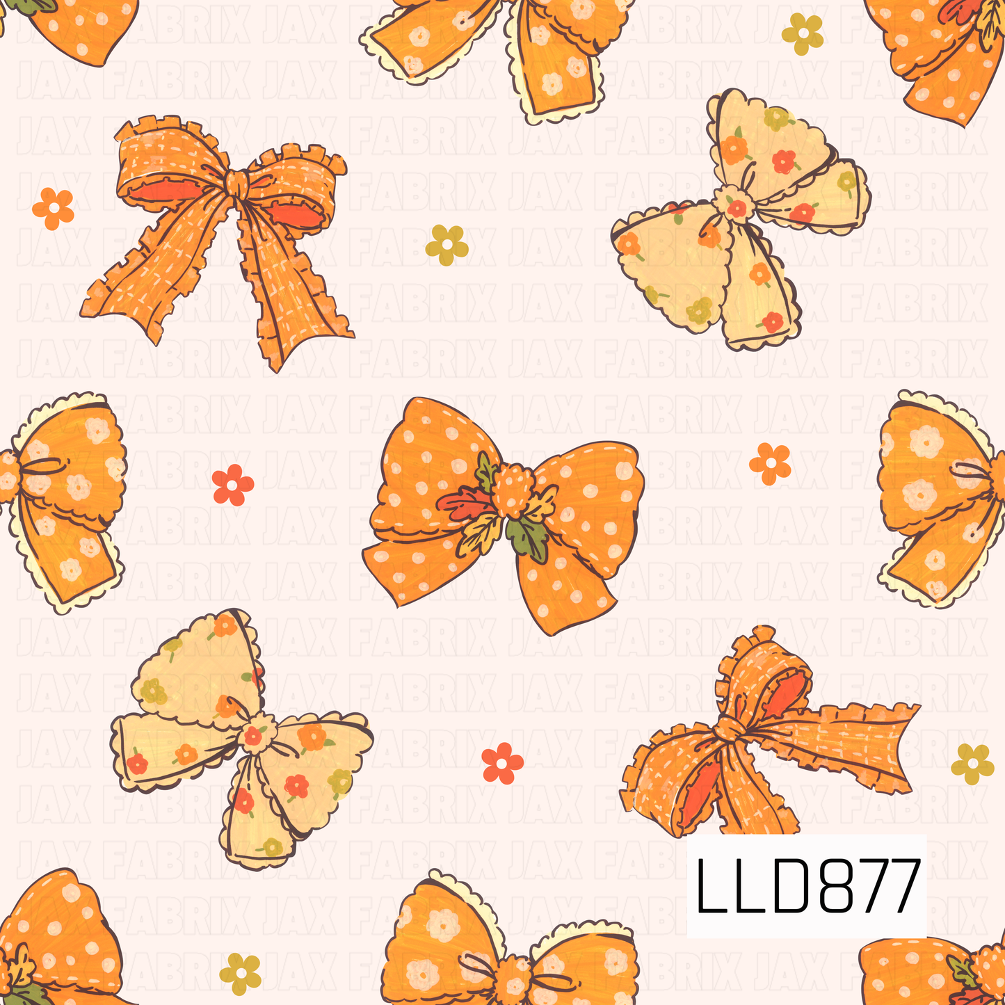 A playful fall bow pattern featuring hand-drawn bows in warm orange and soft cream tones. The bows are decorated with dainty florals, polka dots, ruffled edges, and autumn-inspired details, with tiny scattered flowers adding a sweet finishing touch against a creamy background.