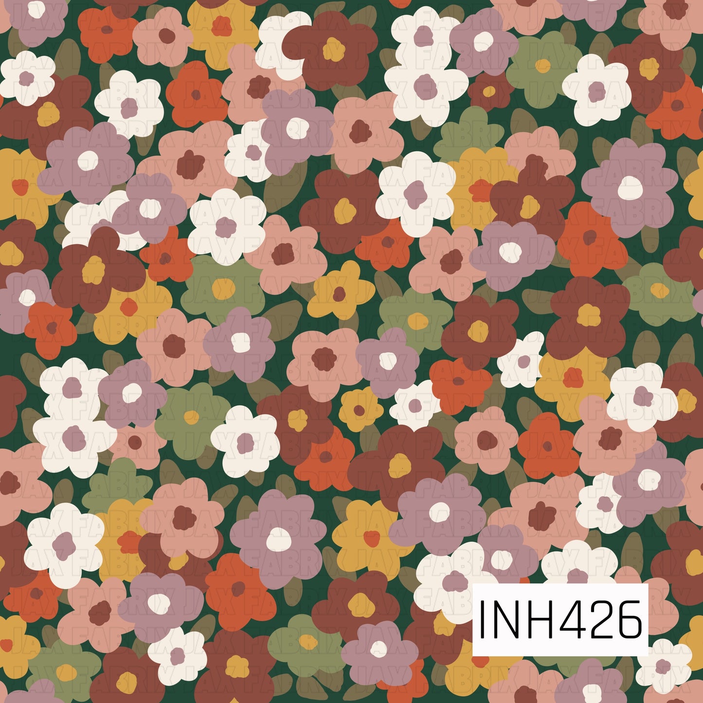 Dense retro floral pattern featuring layered blooms in dusty pink, mauve, rust, mustard, cream, and olive green, scattered across a deep forest green background for a warm, vintage fall look.