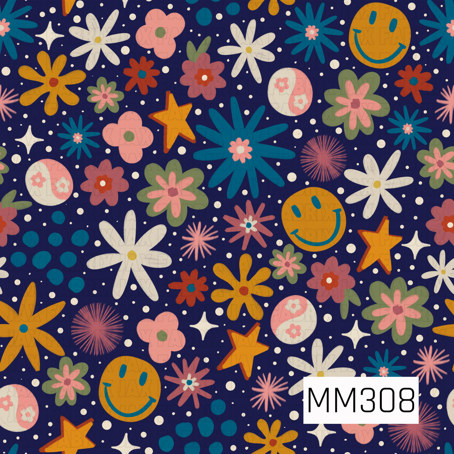 A fun and colorful seamless pattern featuring retro flowers, smiley faces, stars, sparkles, and playful polka dots scattered across a deep navy blue background. With cheerful shades of mustard, blush pink, teal, olive green, cream, and coral, this whimsical design captures a vintage-inspired, feel-good vibe perfect for fall, everyday, and retro-themed collections.