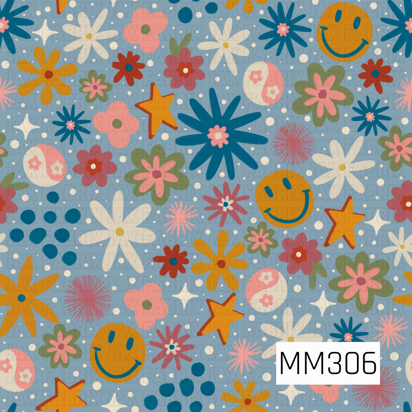 A cheerful seamless pattern featuring retro flowers, smiley faces, stars, sparkles, and playful polka dots scattered across a soft dusty blue background. With shades of mustard, coral, blush pink, olive green, teal, and cream, this whimsical design brings a fun groovy feel that's perfect for fall, Halloween, and vintage-inspired seasonal collections.