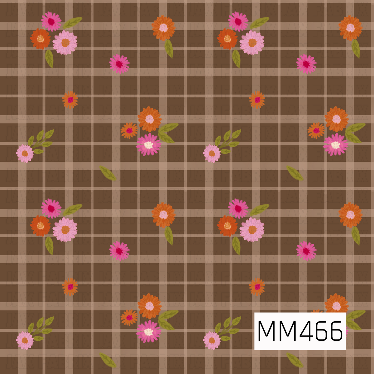 A warm fall floral plaid featuring a soft medium brown background layered with tan and cream intersecting lines. Scattered clusters of pink, blush, orange, and rust-colored flowers are paired with olive green leaves, creating a cozy vintage-inspired autumn design.