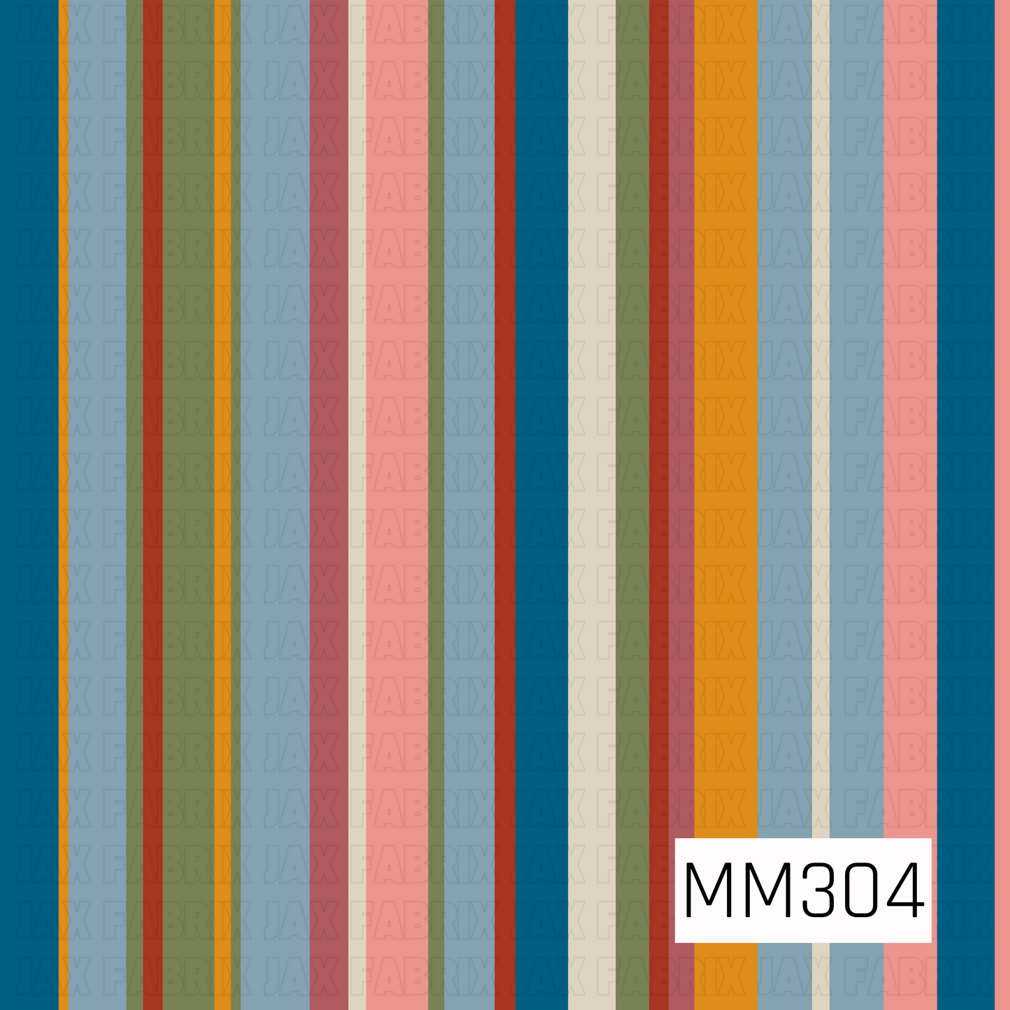 A seamless vertical stripe pattern featuring teal blue, dusty blue, sage green, mustard gold, rust, mauve, blush pink, and warm cream tones. The varied stripe widths create a playful retro look, making this a perfect coordinating print for fall, Halloween, and whimsical seasonal collections.