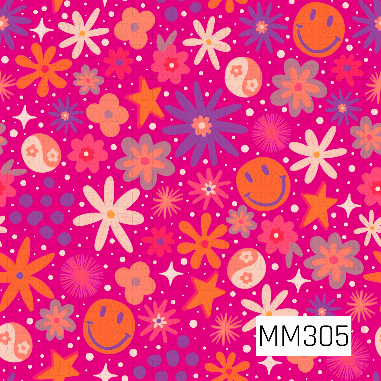 A vibrant seamless pattern featuring cheerful retro flowers, smiley faces, stars, sparkles, and playful polka dots scattered across a bold hot pink background. Filled with shades of orange, coral, lavender, purple, and cream, this whimsical design brings a fun, groovy vibe that's perfect for bright fall, Halloween, and retro-inspired collections.