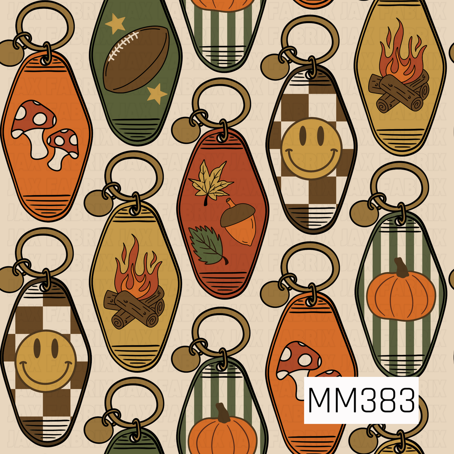A retro fall pattern featuring vintage motel-style keychains decorated with pumpkins, mushrooms, autumn leaves, acorns, campfires, footballs, smiley faces, and classic stripes. Warm orange, mustard, olive green, cream, and brown tones give the design a playful nostalgic autumn feel.