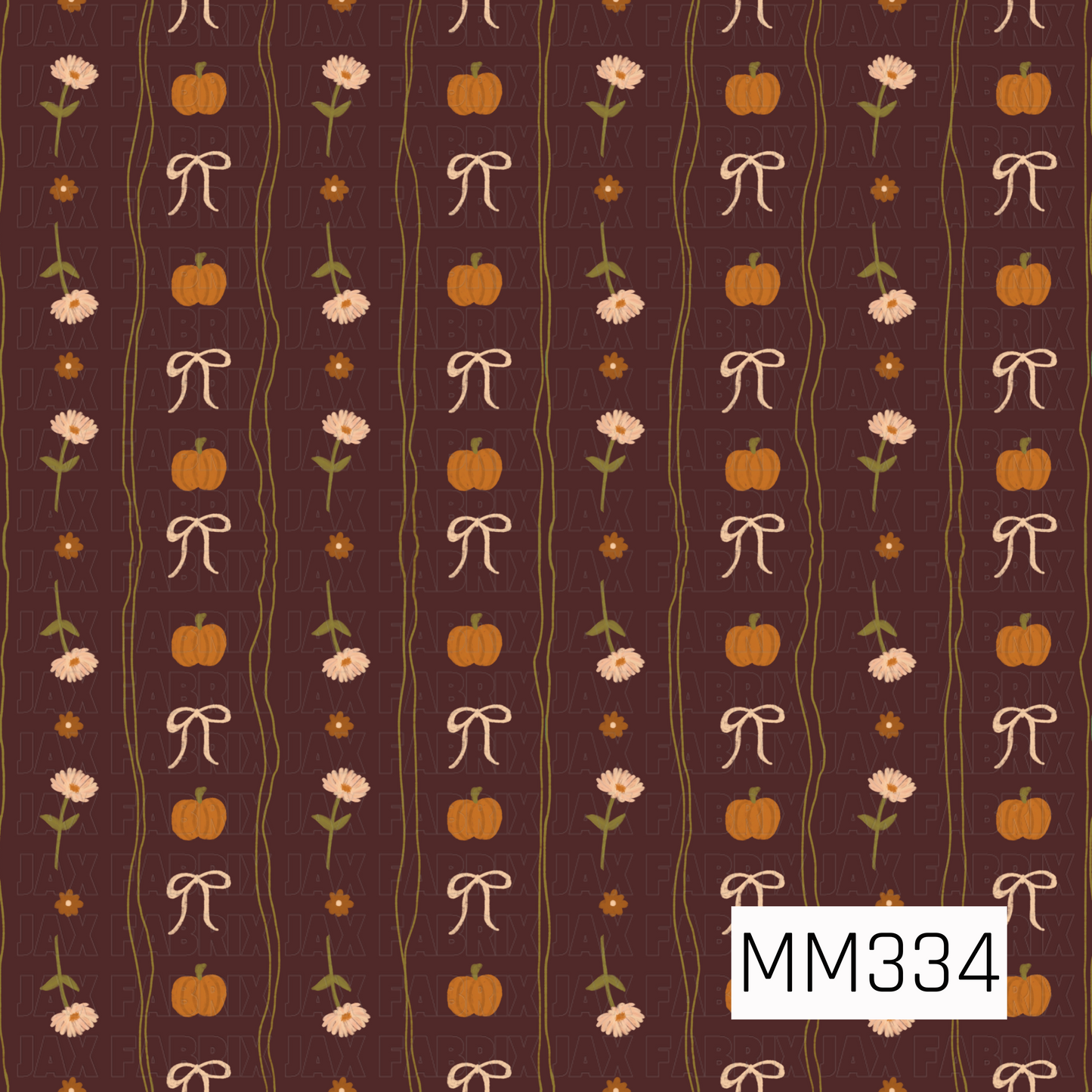 A sweet autumn stripe featuring tiny pumpkins, delicate daisies, dainty flowers, and hand-drawn bows arranged in vertical columns on a rich chocolate brown background. Soft earthy tones and whimsical details give this coordinating print a cozy fall charm.