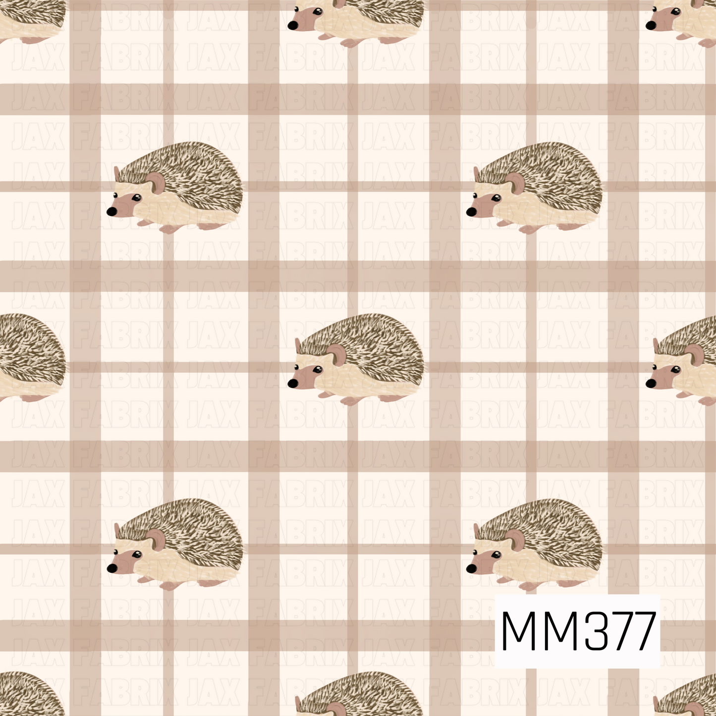 A sweet woodland pattern featuring hand-painted hedgehogs scattered across a soft cream and beige plaid background. The neutral brown, taupe, and ivory tones give it a cozy, charming fall feel.