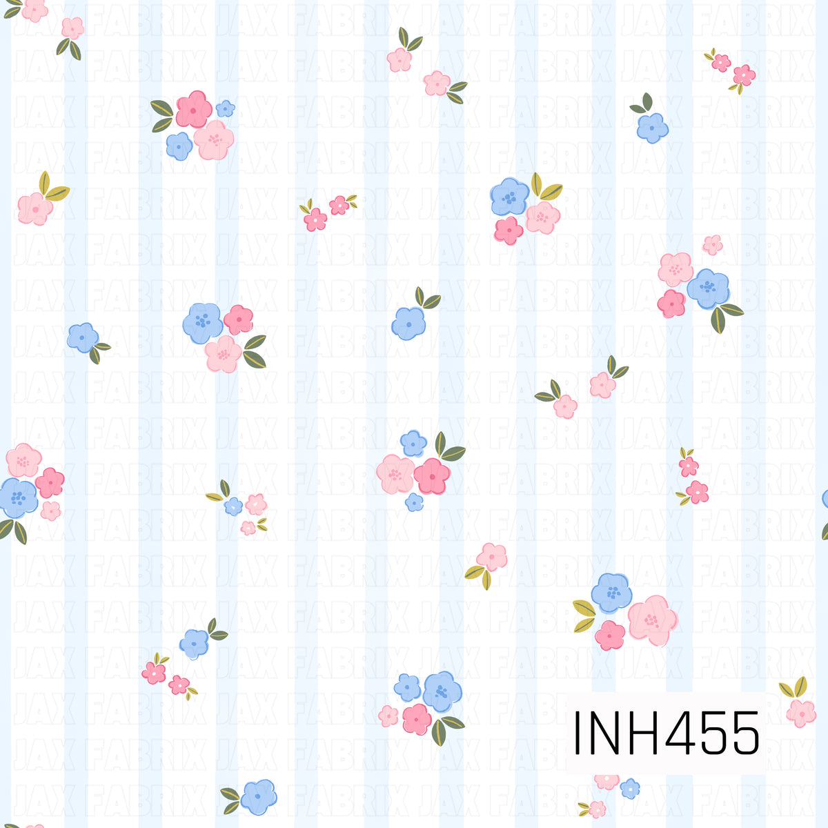 A sweet floral pattern featuring scattered clusters of pink and blue blossoms with small green and golden leaves. Soft vertical pale blue stripes add a subtle, airy backdrop for a fresh spring-inspired look.
