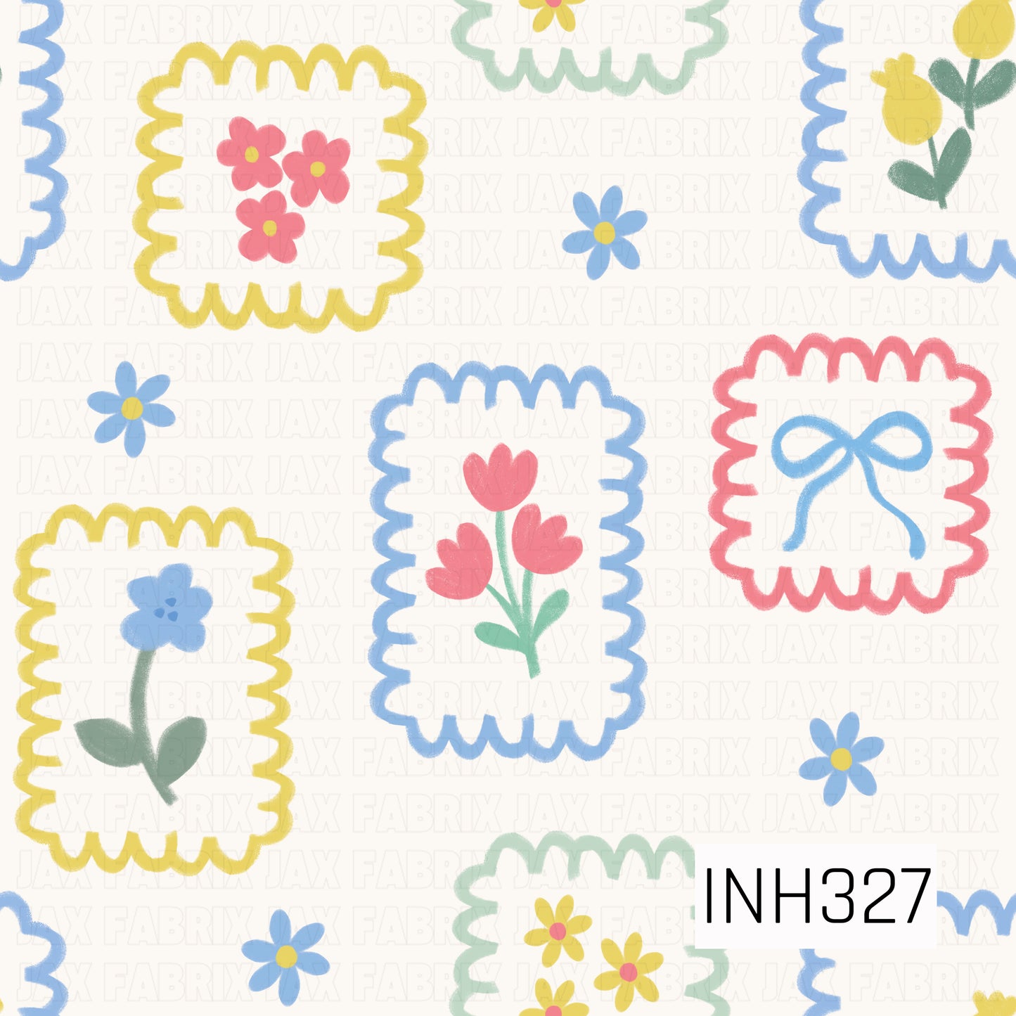 A charming floral pattern featuring pastel flowers and bows framed within scalloped stamp-like shapes, accented by scattered blooms on a soft cream background. The hand-drawn style and gentle colors create a sweet vintage cottagecore feel.