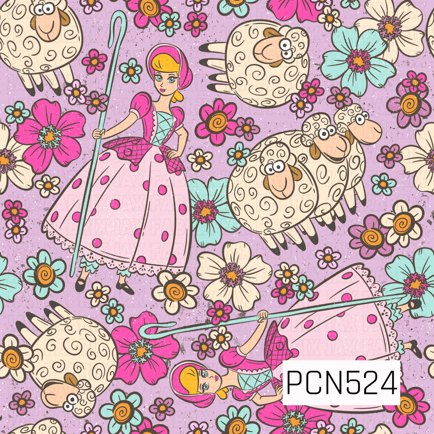 A whimsical farm-themed pattern featuring Little Bo Peep in a pink polka-dot dress with a shepherd’s crook, surrounded by fluffy cream-colored sheep with curly wool. The design is filled with pink, teal, cream, and orange flowers scattered across a soft lavender background. The playful, storybook-inspired artwork combines pastel colors, floral accents, and charming farm animals for a sweet and cheerful look.