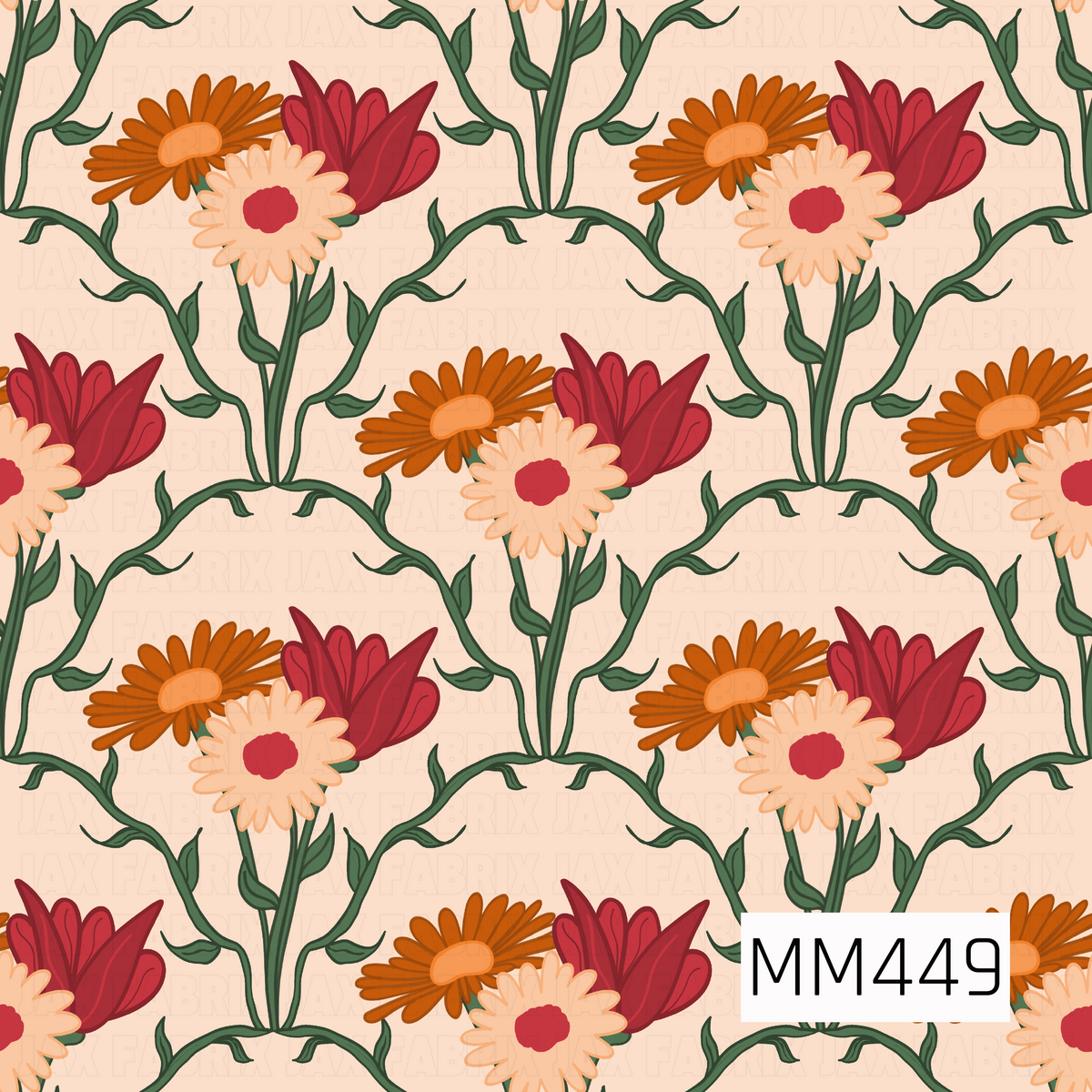 A retro floral pattern featuring bold bouquets of burnt orange, deep red, and soft peach flowers growing from winding dark green vines. The curved stems create repeating arch shapes throughout the design, all set against a warm blush cream background for a vintage botanical feel.