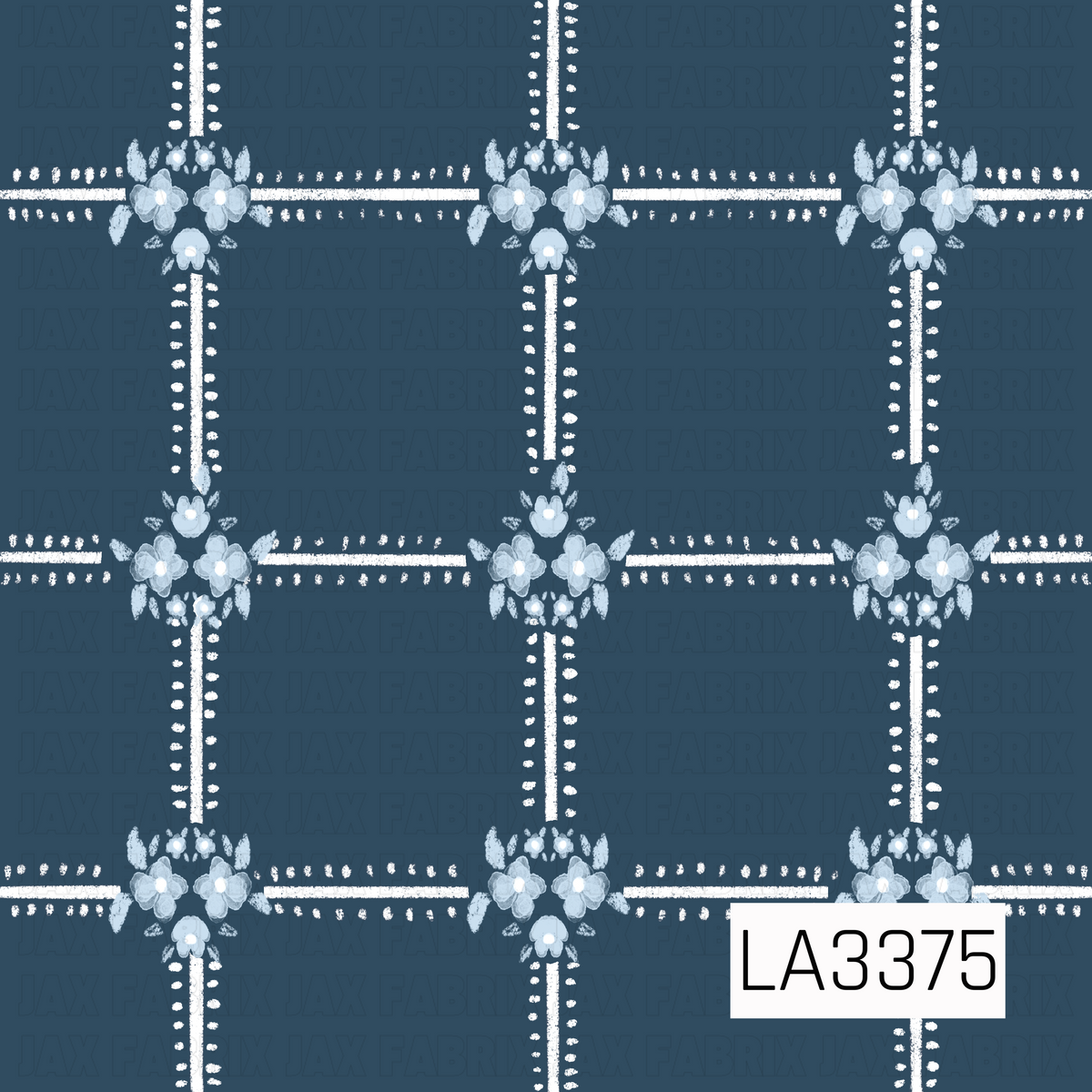 A charming floral gingham pattern featuring delicate dusty blue watercolor flowers at the intersections of thin white vertical and horizontal lines. Small white dotted accents frame the lines, creating a soft, decorative plaid against a muted navy blue background.