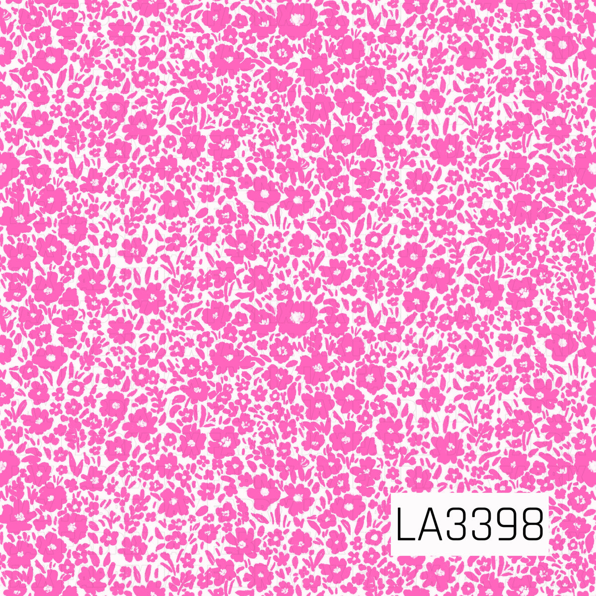 A cheerful, densely packed floral pattern featuring bright pink flowers in a variety of shapes and sizes against a crisp white background. The design is filled with delicate blossoms, tiny buds, scattered leaves, and leafy sprigs, all illustrated with a soft, hand-painted texture. The allover arrangement creates a playful, feminine, vintage-inspired floral print.