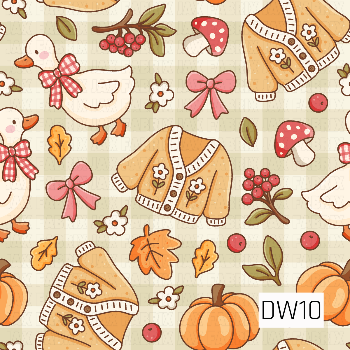 A charming fall pattern featuring adorable white geese with red gingham bows, cozy mustard yellow floral cardigans, orange pumpkins, and red polka dot mushrooms. Pink bows, autumn leaves, berry sprigs, and delicate white flowers are scattered across a soft sage green and cream gingham background for a sweet, cozy autumn look.