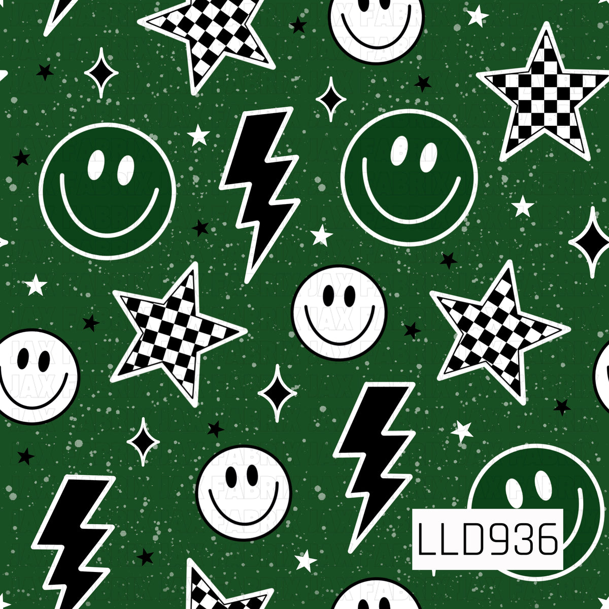 A bold retro-inspired print featuring oversized smiley faces, black lightning bolts, checkerboard stars, and scattered celestial sparkles. A deep forest green background is covered in a distressed speckled texture, giving the design a fun vintage look. Crisp black and white graphics pop against the rich green for a playful, edgy feel.