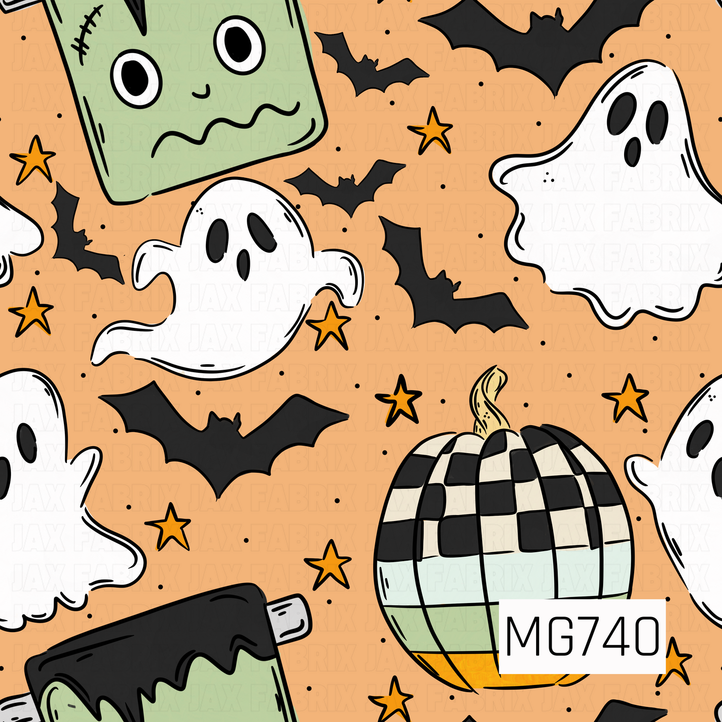 A playful Halloween print featuring friendly ghosts, black bats, checkered pumpkins, and a cute green Frankenstein on a soft peachy orange background. Pops of sage green, black, cream, and golden orange give it a fun retro Halloween feel.