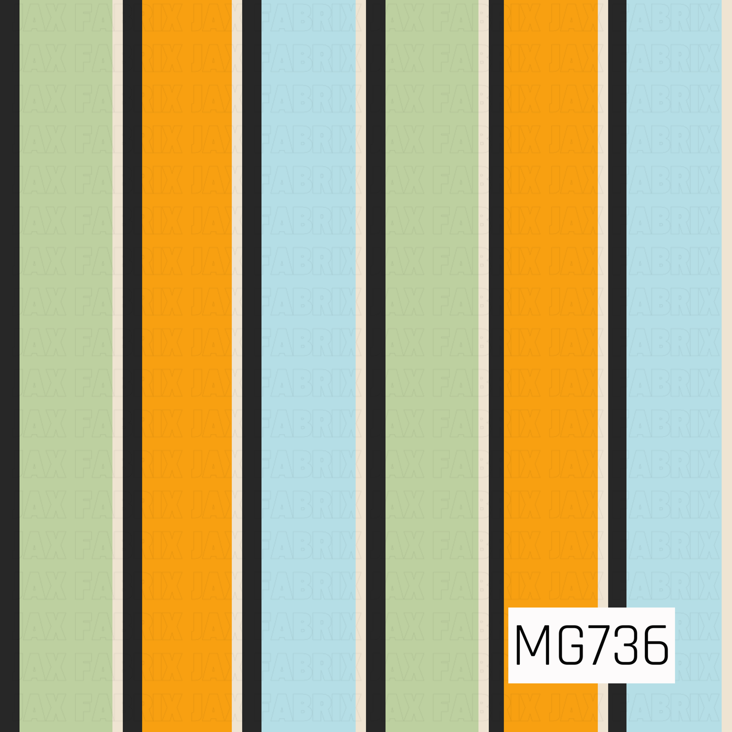 A bold vertical stripe pattern featuring sage green, pumpkin orange, powder blue, black, and warm cream. The alternating widths give it a playful retro Halloween feel.